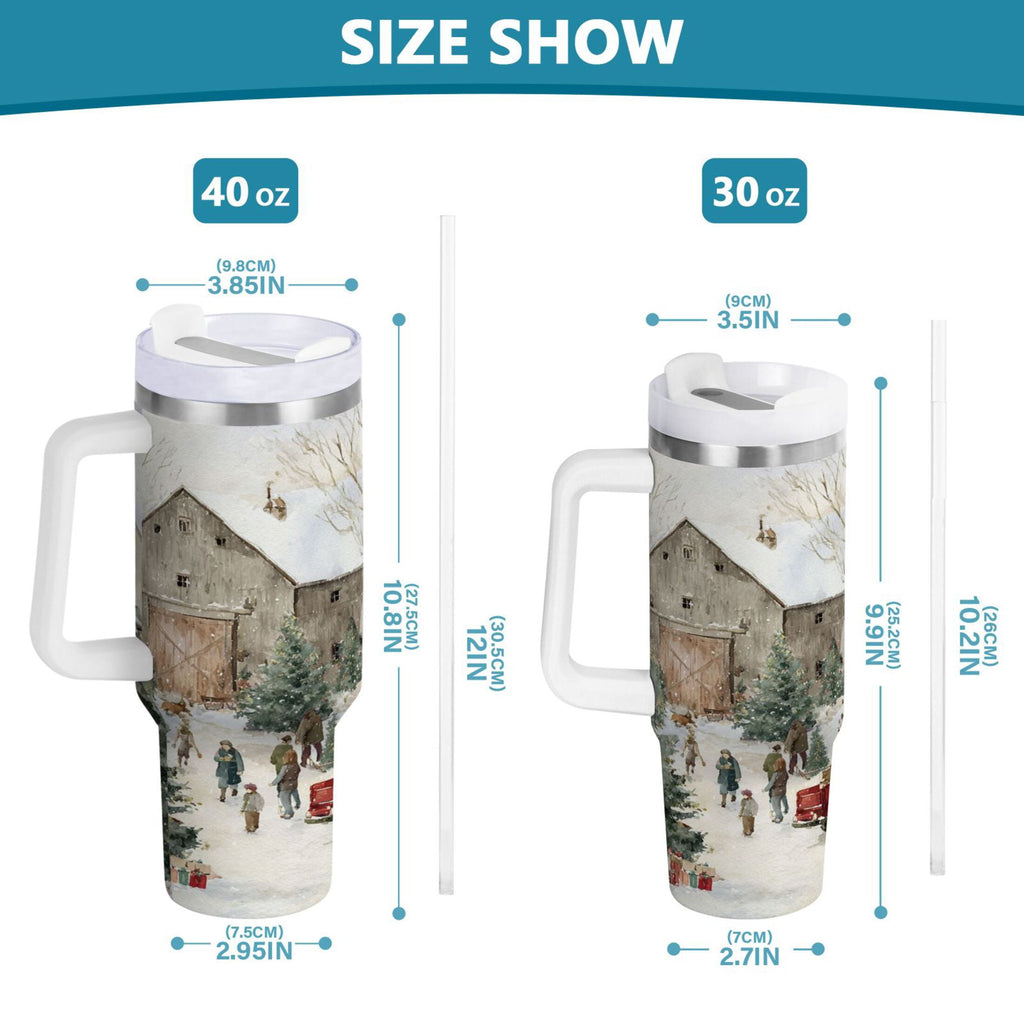40 oz Insulated Stainless Steel Tumbler Double Wall Stainless Steel Tumbler with 2-Way Drinking Farm Snow Scene - PNK0
