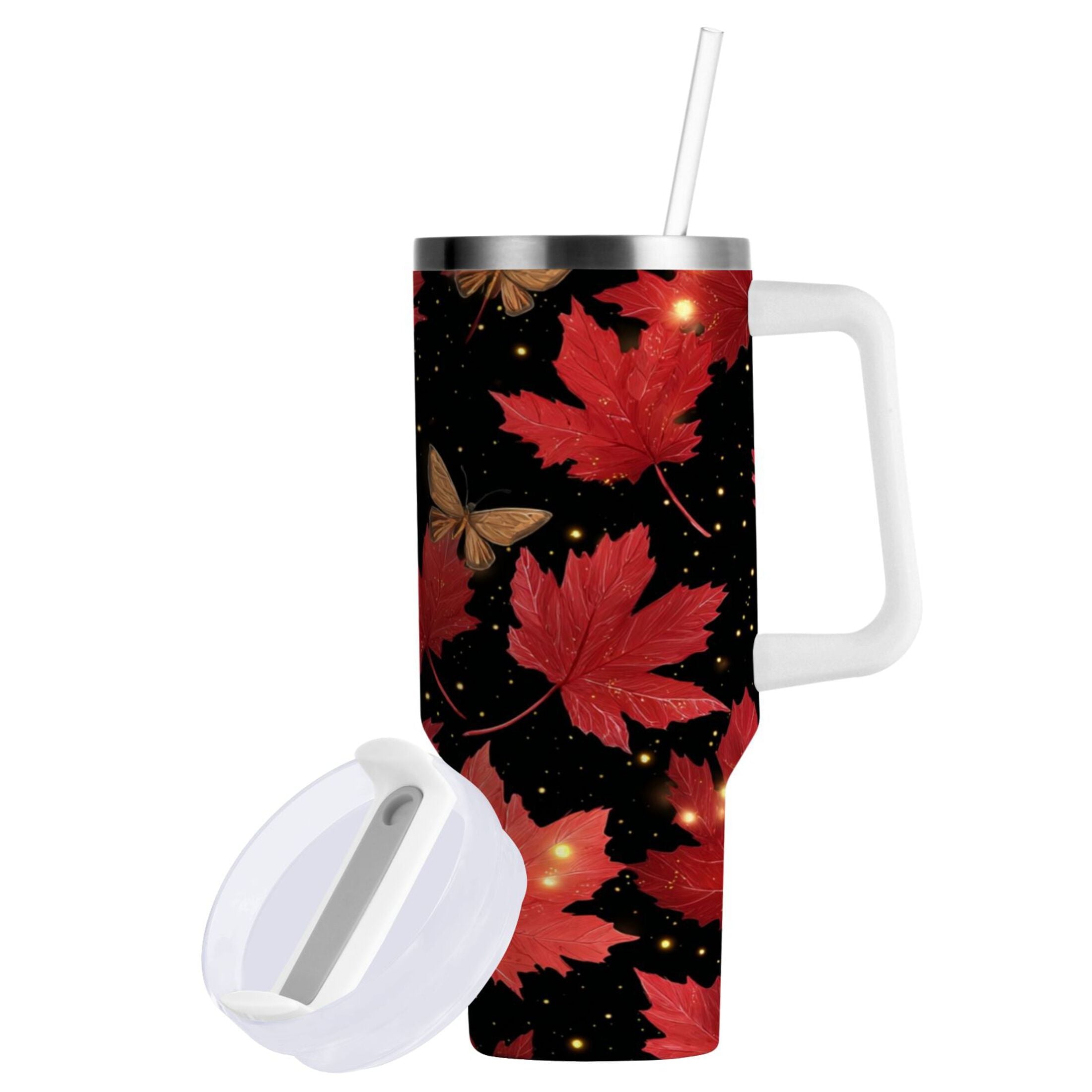 40 oz Insulated Stainless Steel Tumbler Double Wall Stainless Steel Tumbler with 2-Way Drinking Maple Leaves and Fireflies - Y38I