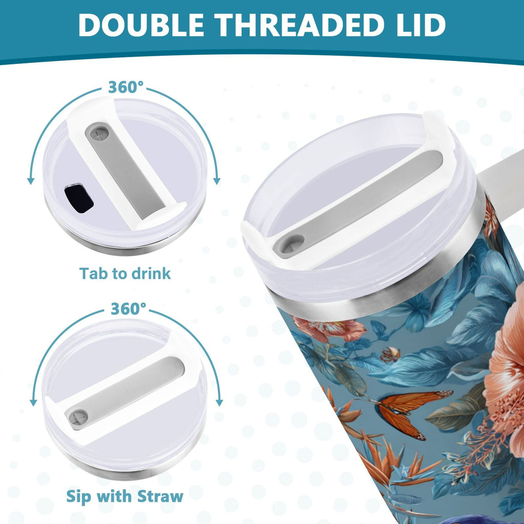 30 oz Insulated Stainless Steel Tumbler Double Wall Stainless Steel Tumbler with 2-Way Drinking Birds and Flowers - N6J0