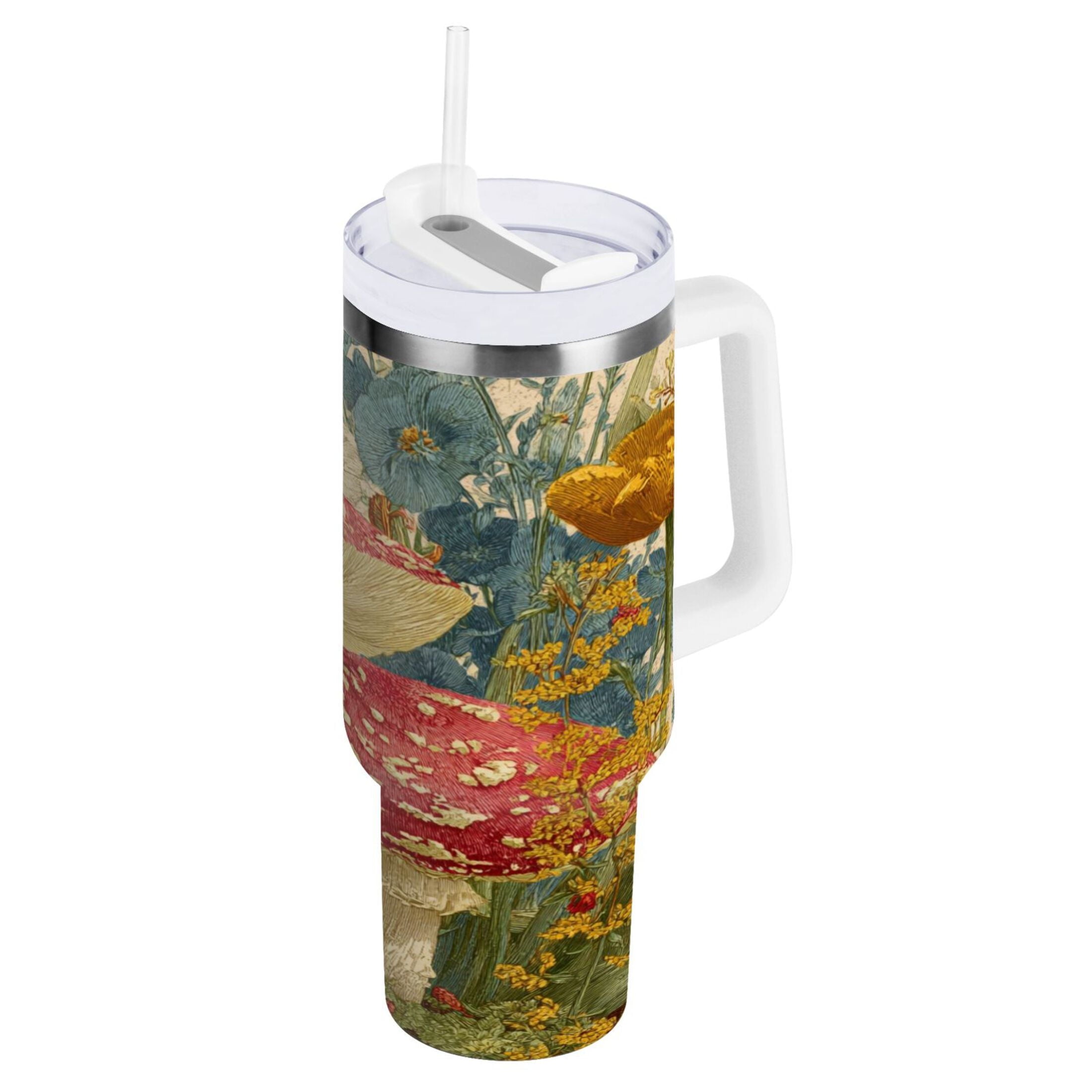 30 oz Insulated Stainless Steel Tumbler Double Wall Stainless Steel Tumbler with 2-Way Drinking Red Mushrooms with Flowers - LX2L