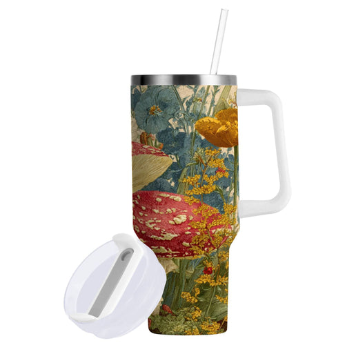 30 oz Insulated Stainless Steel Tumbler Double Wall Stainless Steel Tumbler with 2-Way Drinking Red Mushrooms with Flowers - LX2L