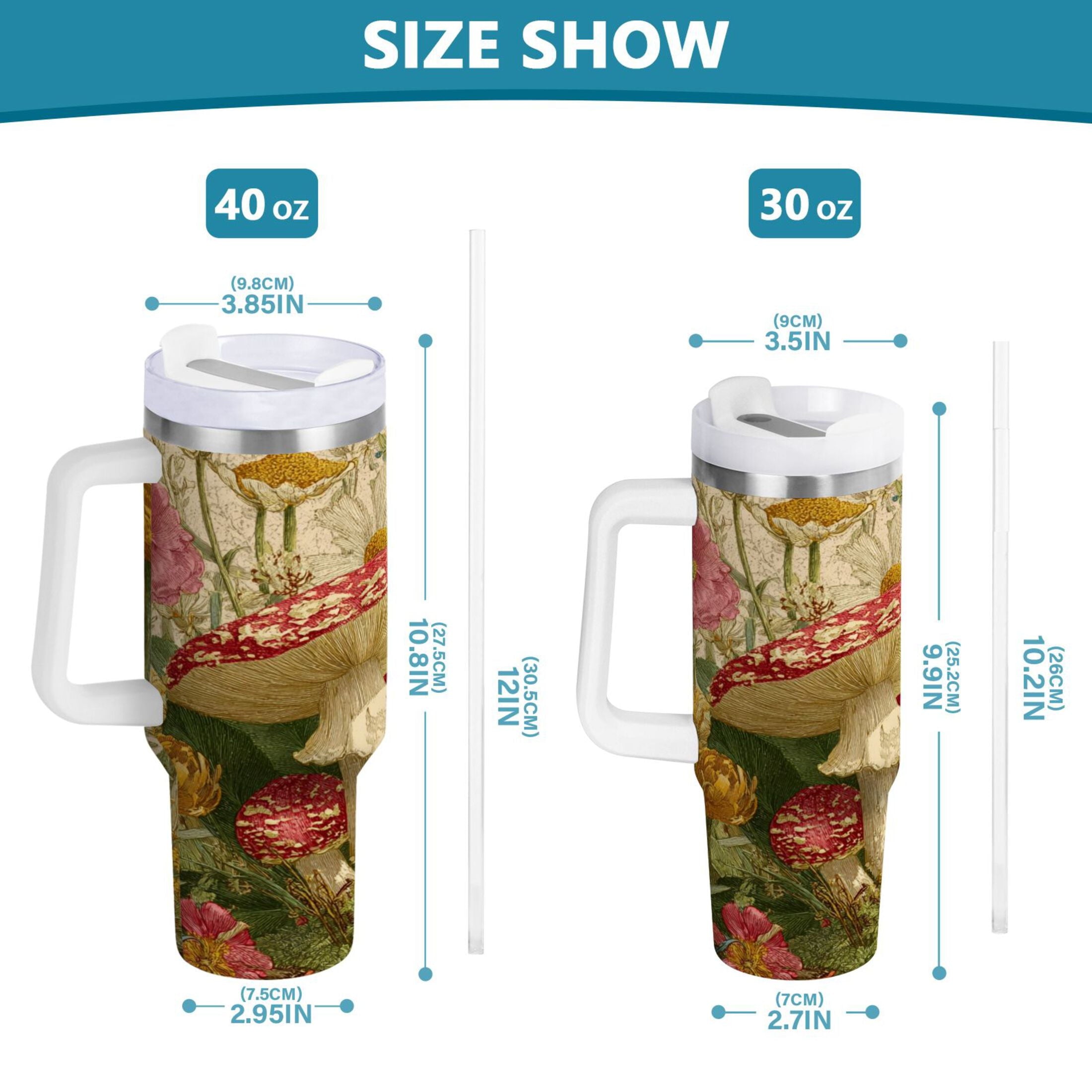 30 oz Insulated Stainless Steel Tumbler Double Wall Stainless Steel Tumbler with 2-Way Drinking Red Mushrooms with Flowers - LX2L