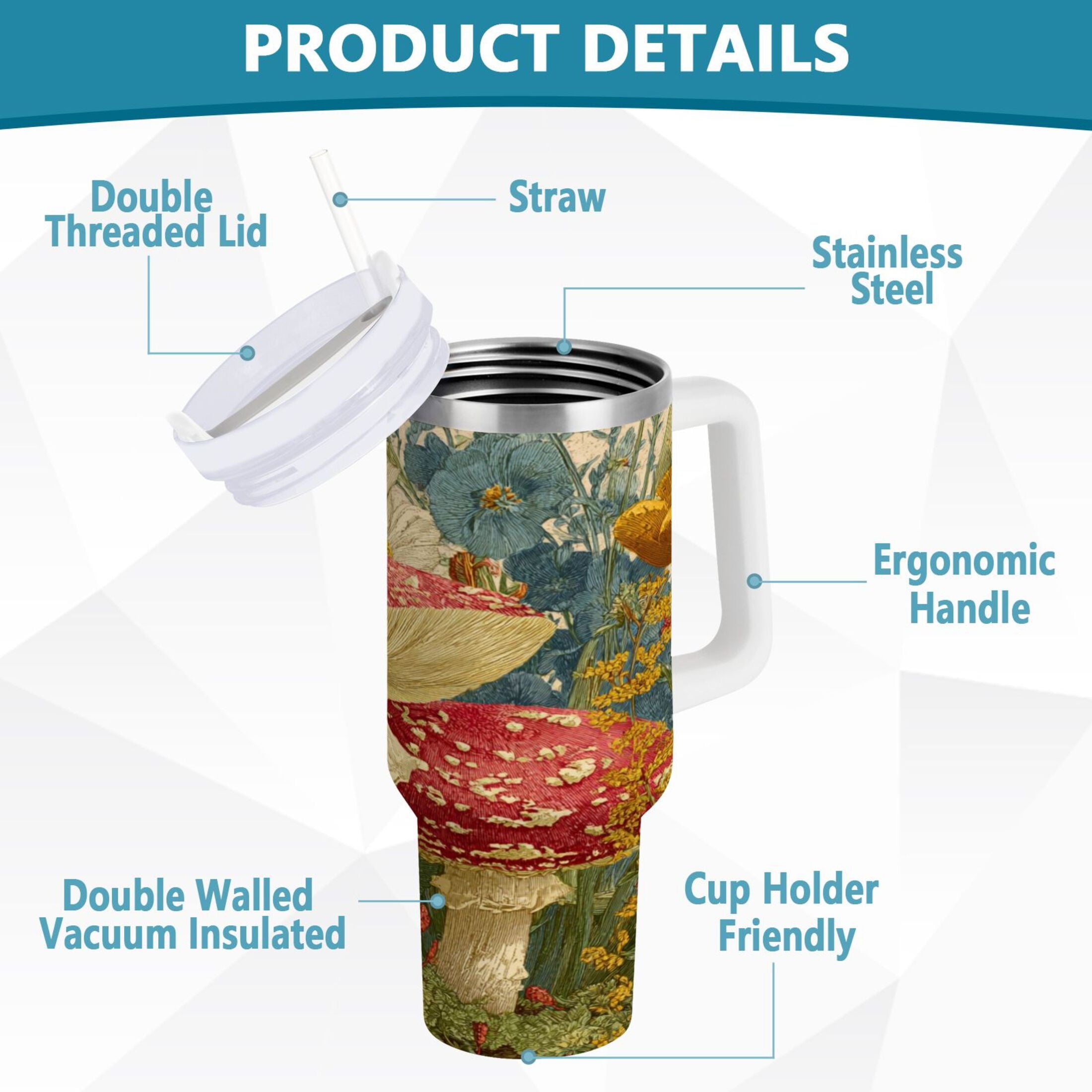 30 oz Insulated Stainless Steel Tumbler Double Wall Stainless Steel Tumbler with 2-Way Drinking Red Mushrooms with Flowers - LX2L