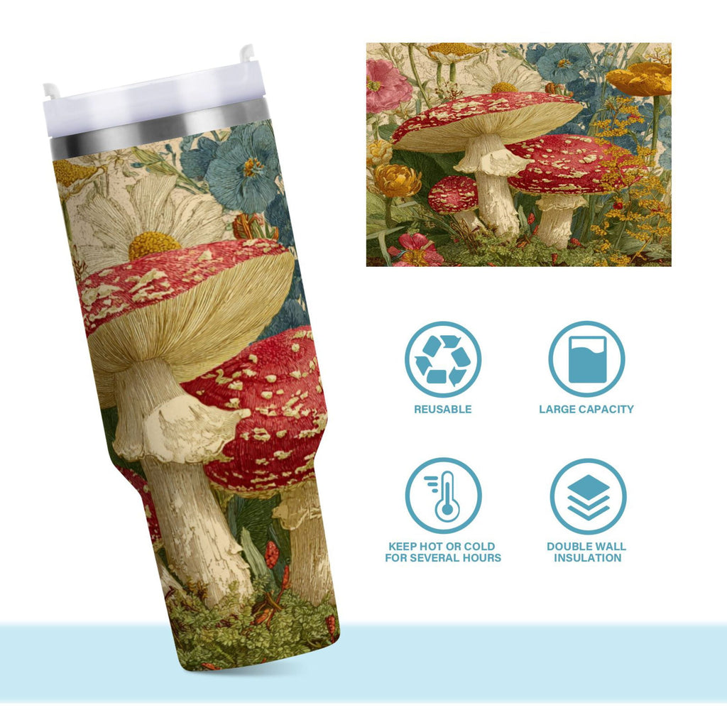 30 oz Insulated Stainless Steel Tumbler Double Wall Stainless Steel Tumbler with 2-Way Drinking Red Mushrooms with Flowers - LX2L