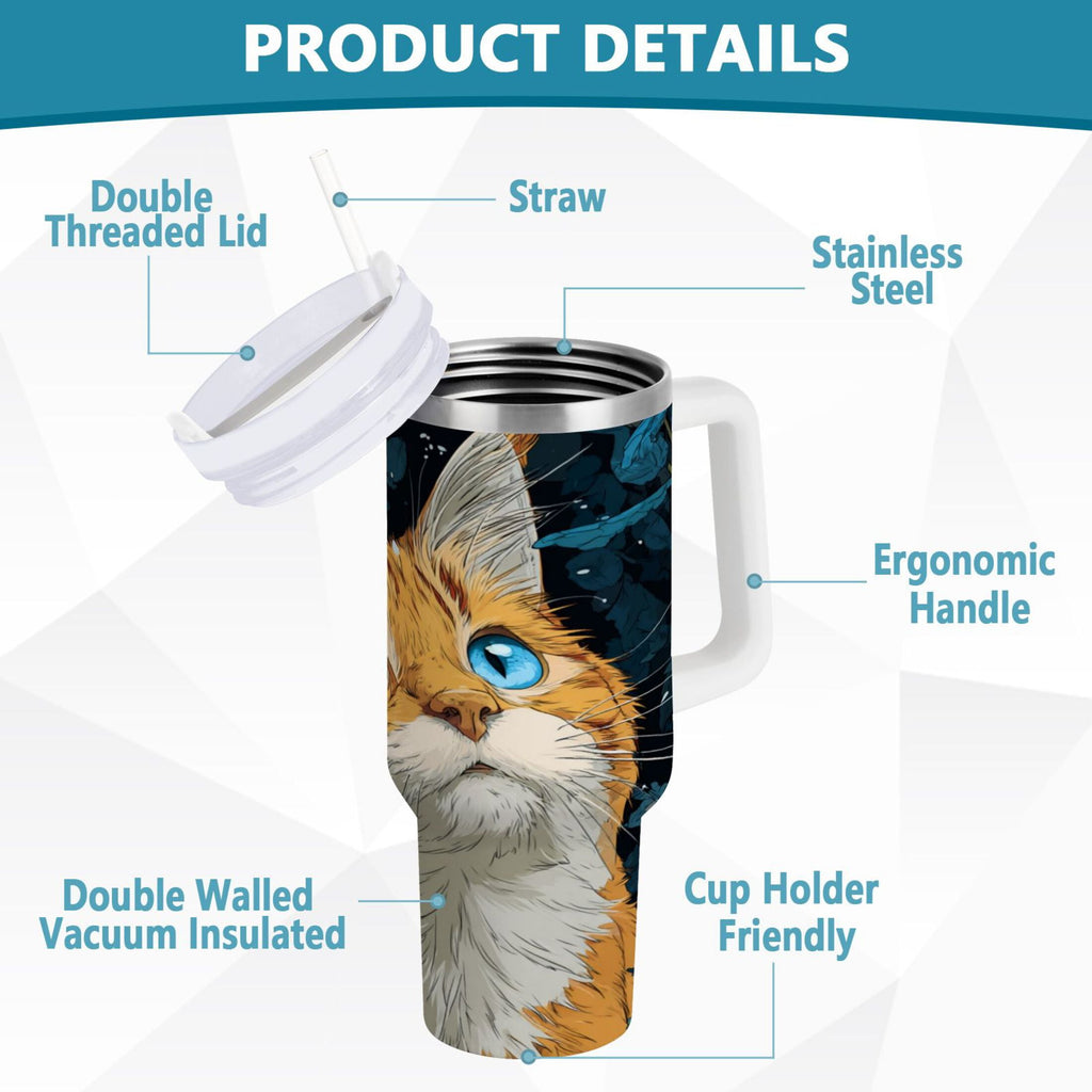 30 oz Insulated Stainless Steel Tumbler Double Wall Stainless Steel Tumbler with 2-Way Drinking Orange Cat with Blue Eyes - P494