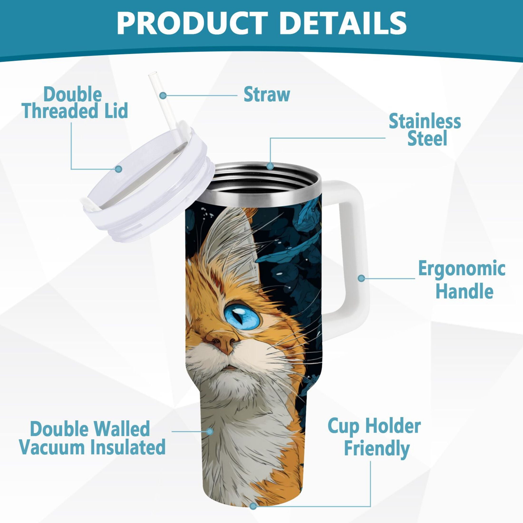 30 oz Insulated Stainless Steel Tumbler Double Wall Stainless Steel Tumbler with 2-Way Drinking Orange Cat with Blue Eyes - P494