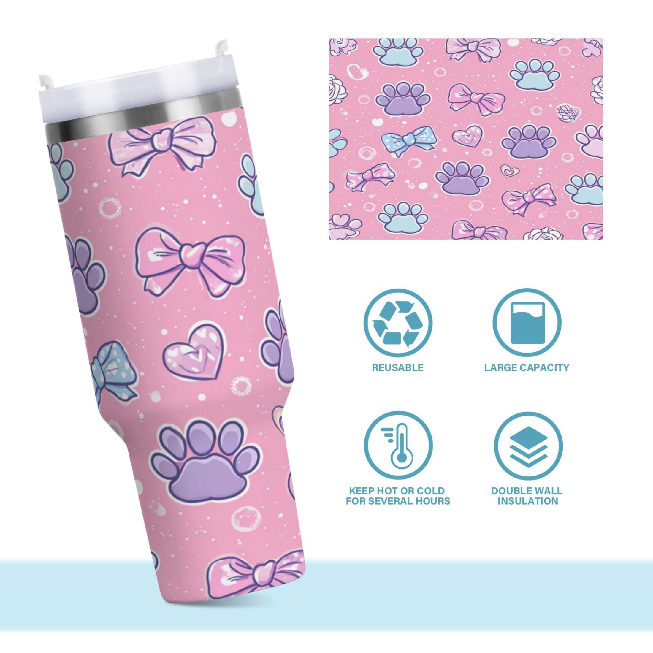 30 oz Insulated Stainless Steel Tumbler Double Wall Stainless Steel Tumbler with 2-Way Drinking Dog Paw Prints and Bows - F7K9