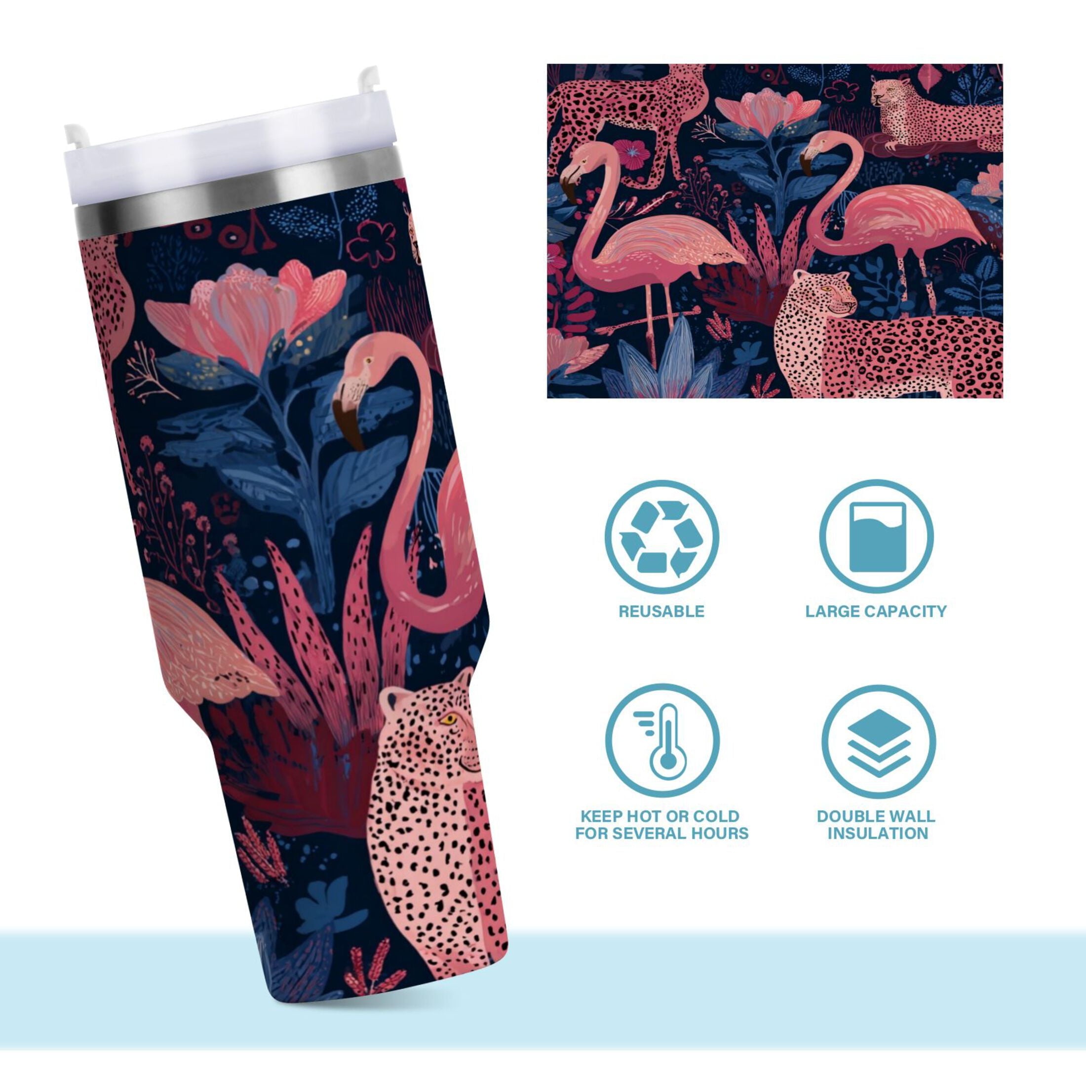 30 oz Insulated Stainless Steel Tumbler Double Wall Stainless Steel Tumbler with 2-Way Drinking Flamingos and Leopard Print - 41BW