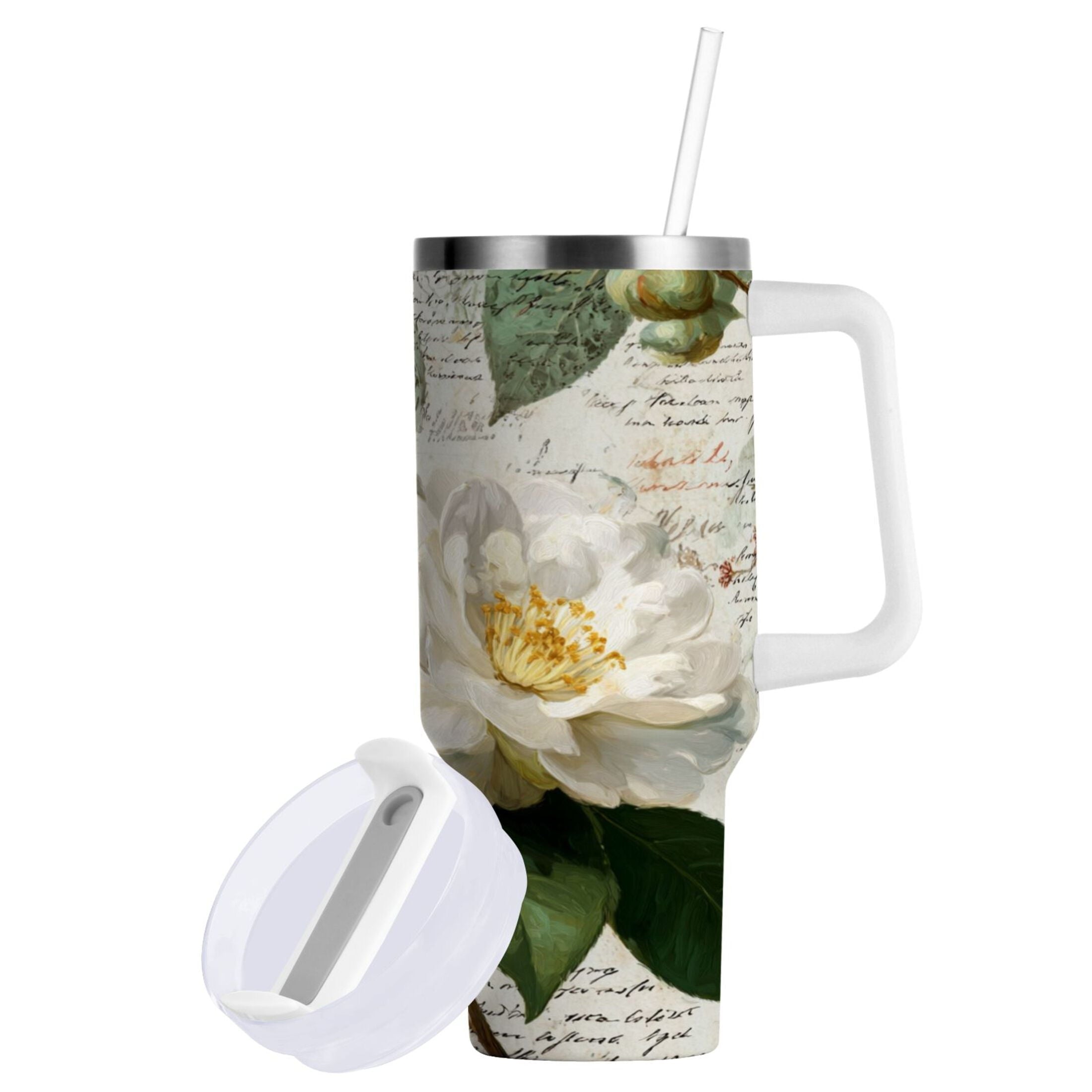 40 oz Insulated Stainless Steel Tumbler Double Wall Stainless Steel Tumbler with 2-Way Drinking Vintage White Camellias - 6YK0