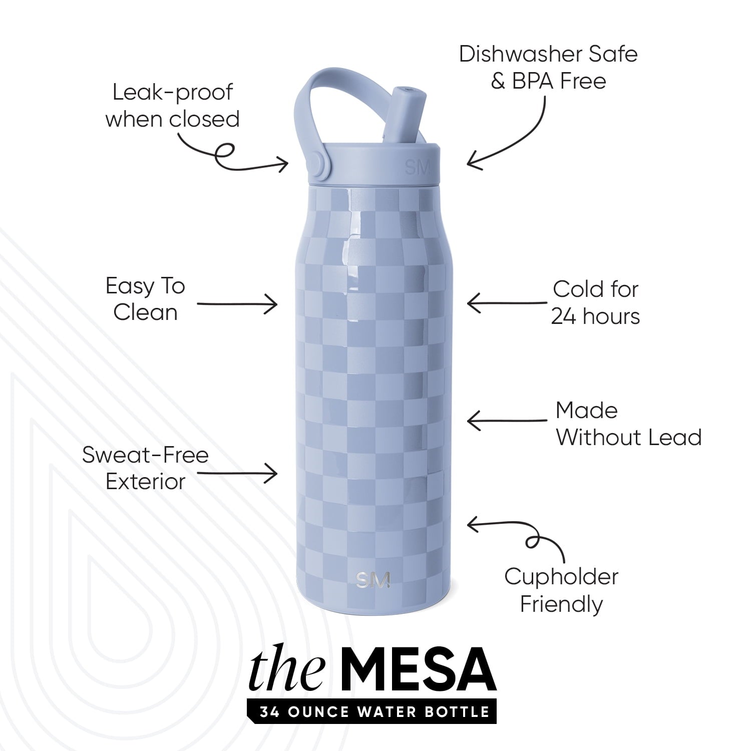 Simple Modern 34 fl oz Insulated Stainless Steel Mesa Wide Mouth Water Bottle with Handle and Push Button Straw Lid | Mystifying Blue Checkmate - WHKO