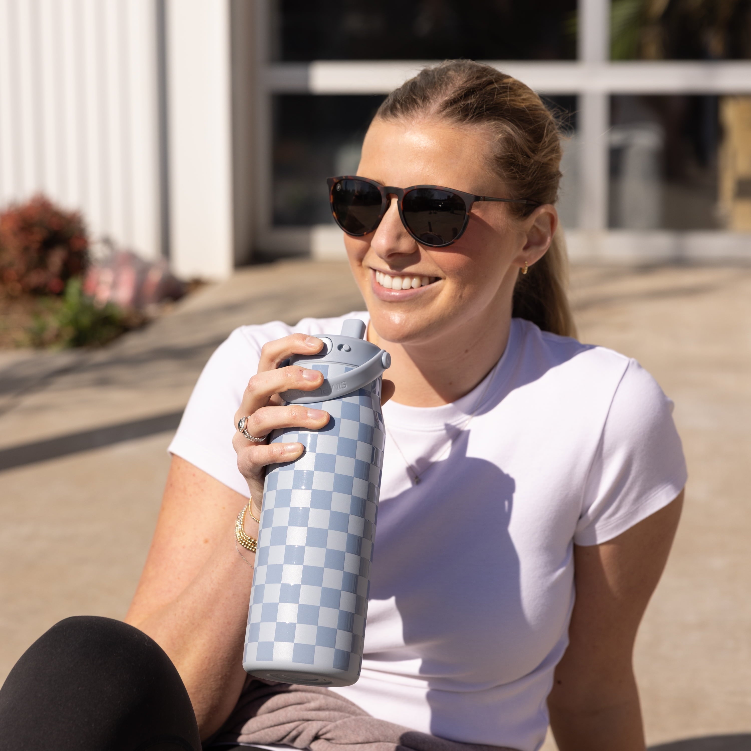 Simple Modern 34 fl oz Insulated Stainless Steel Mesa Wide Mouth Water Bottle with Handle and Push Button Straw Lid | Mystifying Blue Checkmate - WHKO