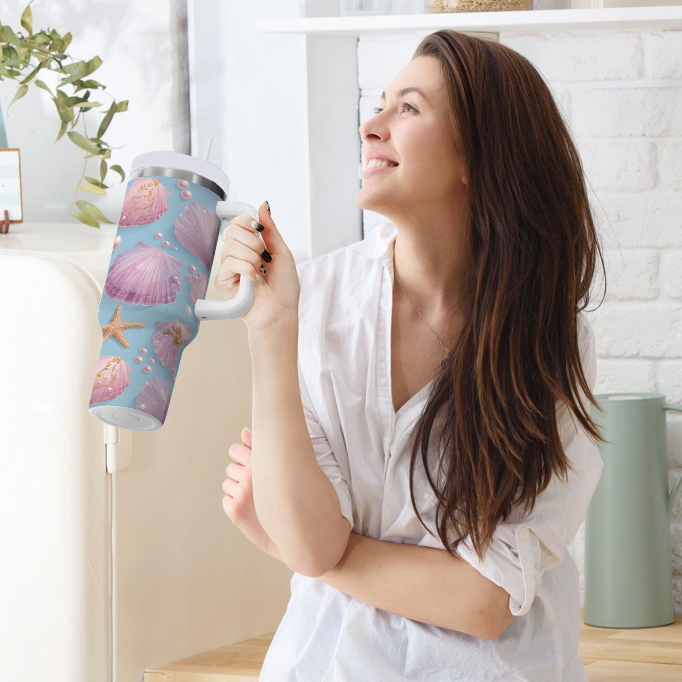 40 oz Insulated Stainless Steel Tumbler Double Wall Stainless Steel Tumbler with 2-Way Drinking Seashells and Pearls Pattern - S9V9