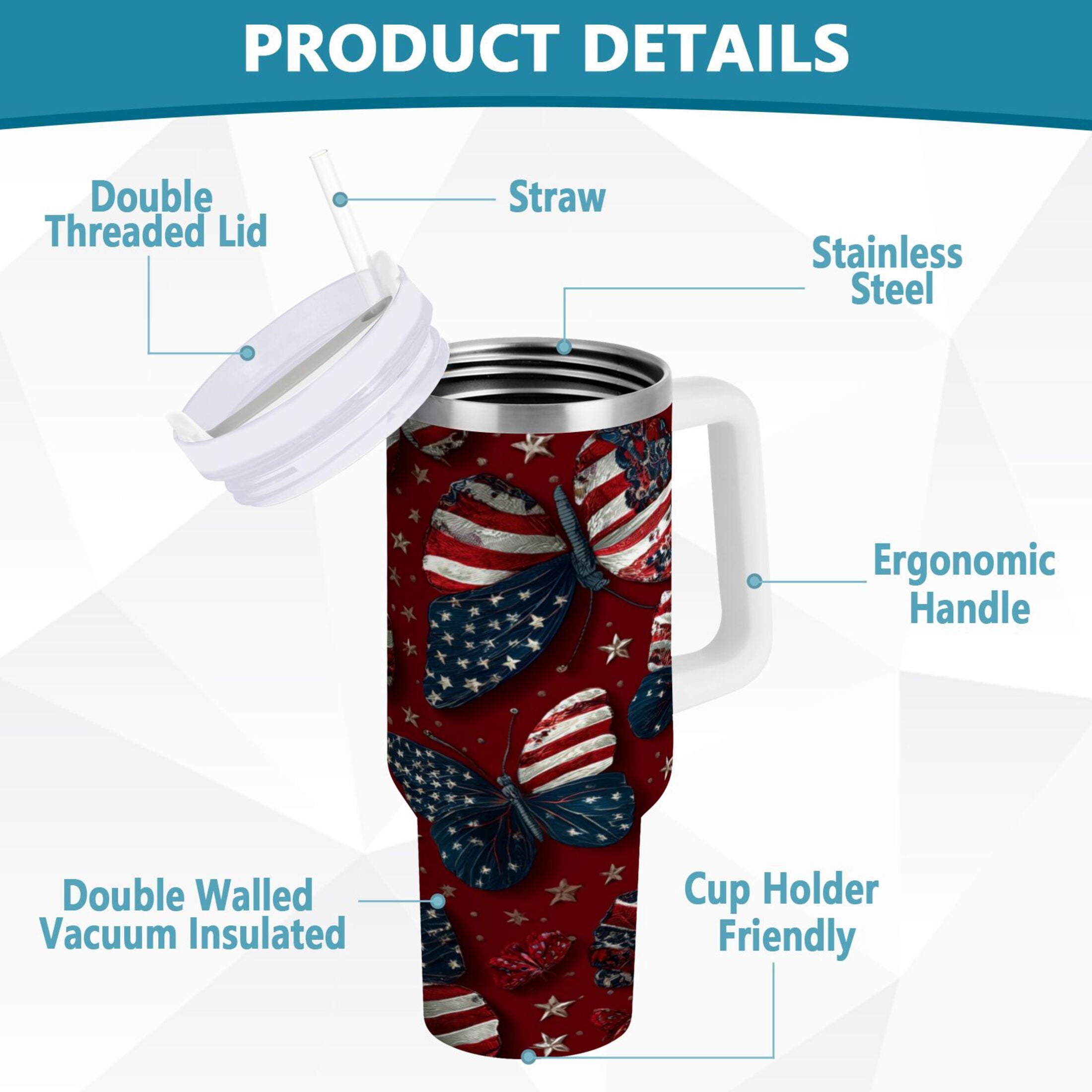 40 oz Insulated Stainless Steel Tumbler Double Wall Stainless Steel Tumbler with 2-Way Drinking Butterfly with National Flag - KPA9