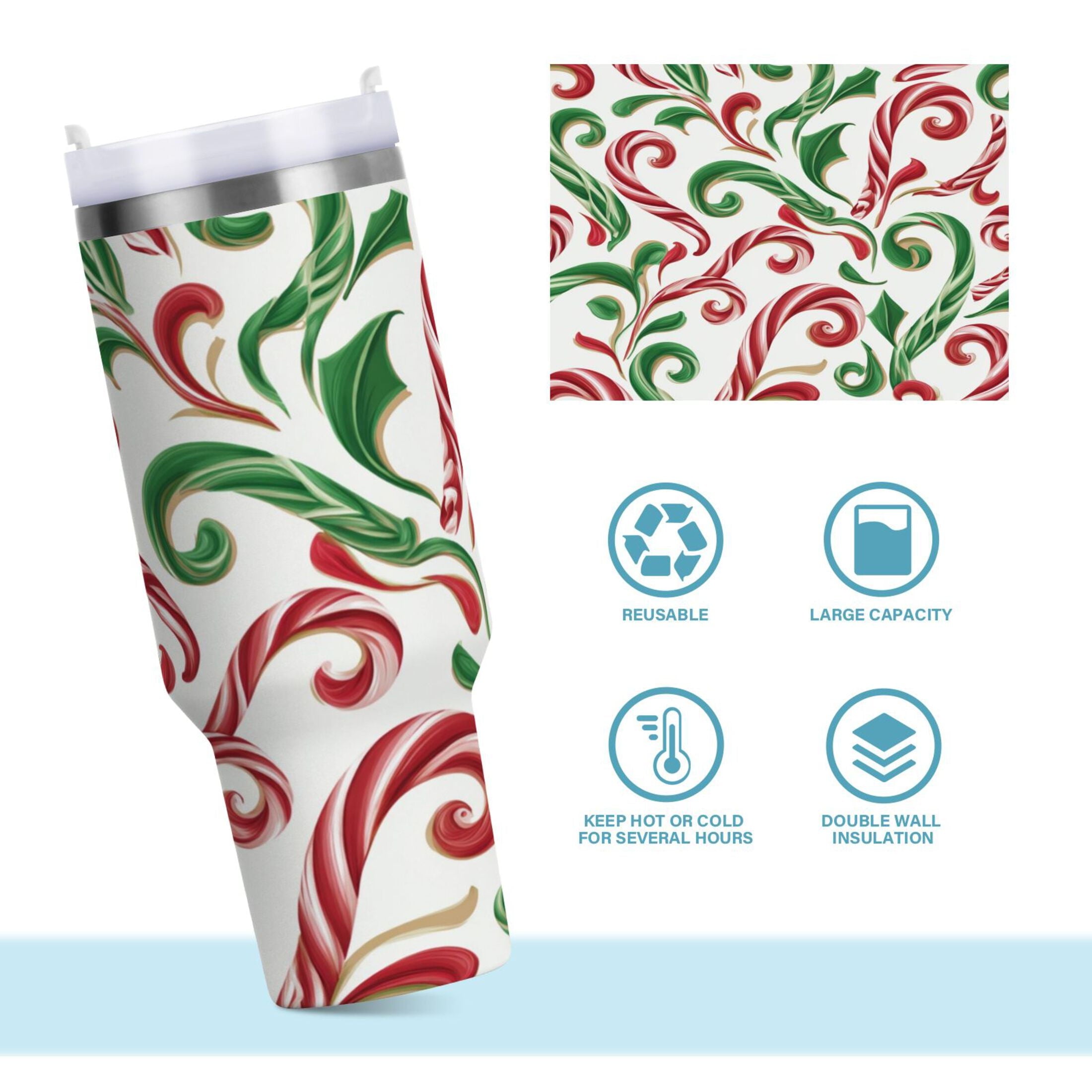 40 oz Insulated Stainless Steel Tumbler Double Wall Stainless Steel Tumbler with 2-Way Drinking Red and Green Candy-cane - 6PUG