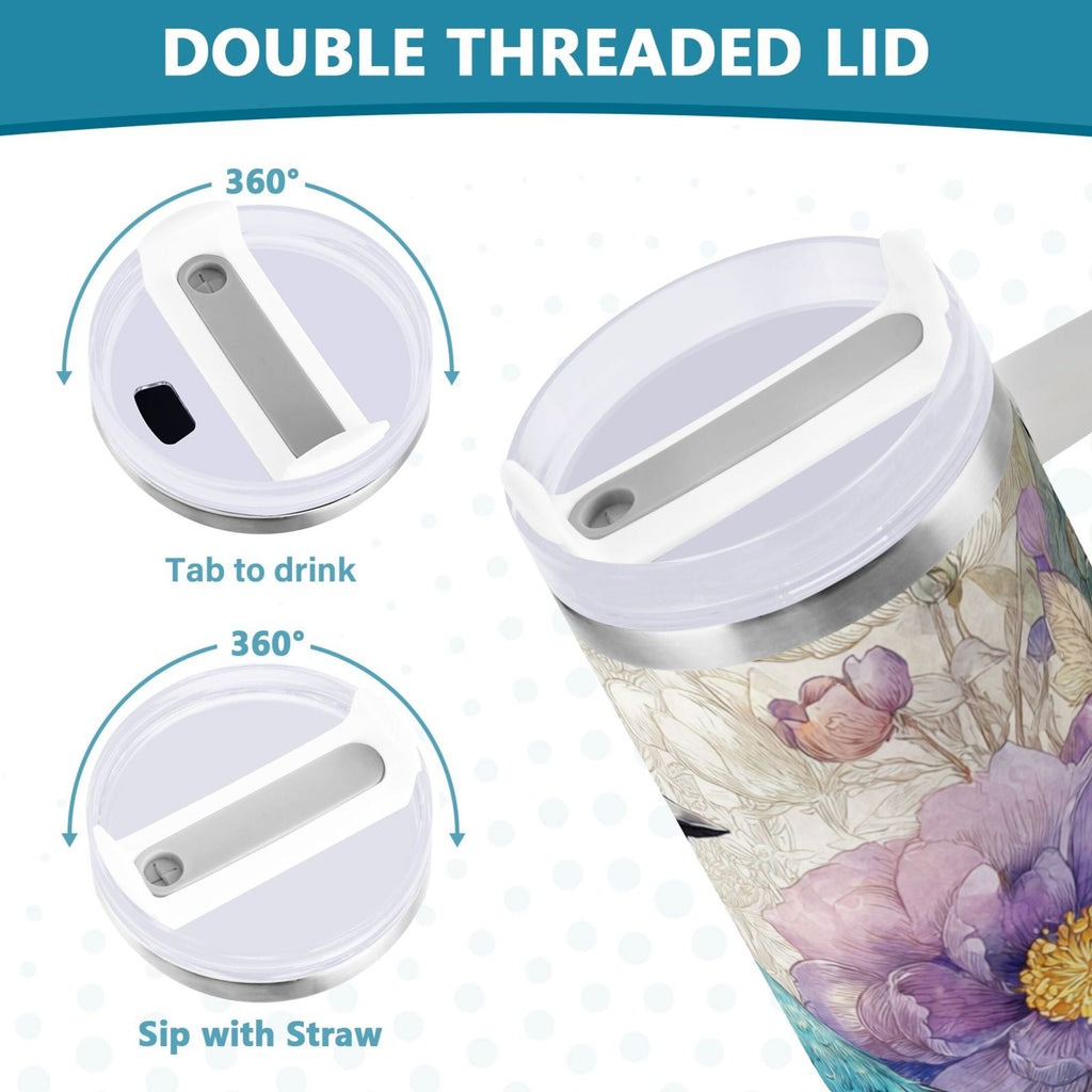 30 oz Insulated Stainless Steel Tumbler Double Wall Stainless Steel Tumbler with 2-Way Drinking Bluebird and Flower - VS42