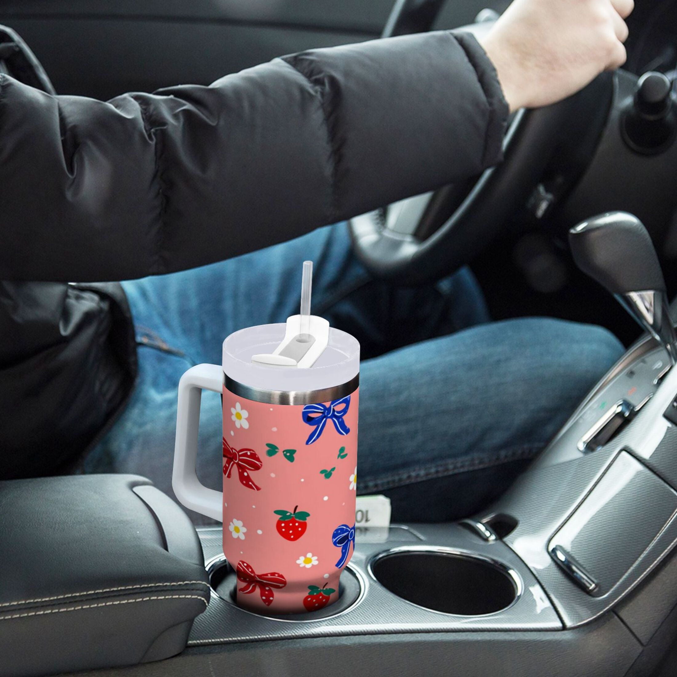 40 oz Insulated Stainless Steel Tumbler Double Wall Stainless Steel Tumbler with 2-Way Drinking Bows and Strawberries Pattern - G1UI