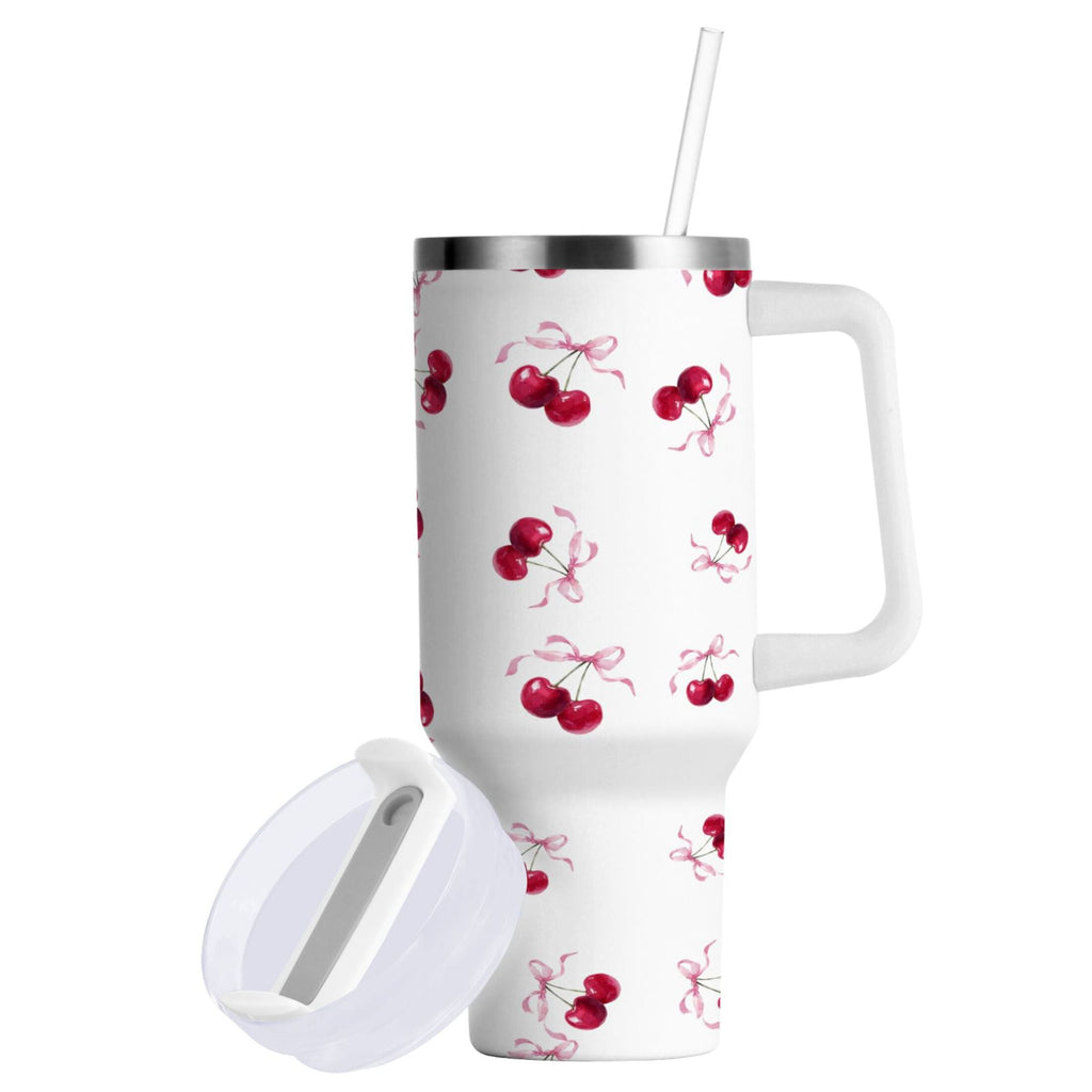 30 oz Insulated Stainless Steel Tumbler Double Wall Stainless Steel Tumbler with 2-Way Drinking Watercolor Cherries Pattern - DDDW