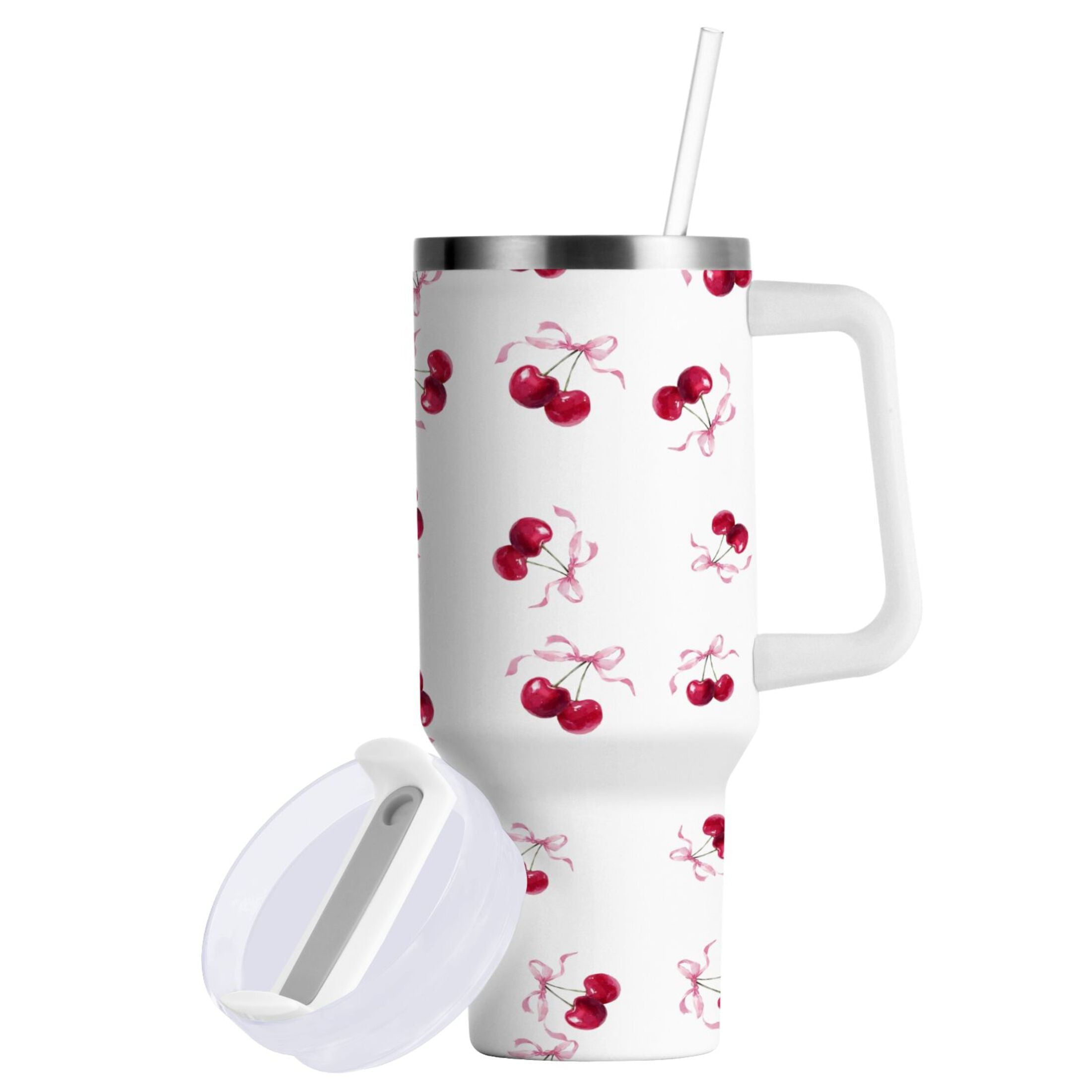 30 oz Insulated Stainless Steel Tumbler Double Wall Stainless Steel Tumbler with 2-Way Drinking Watercolor Cherries Pattern - DDDW
