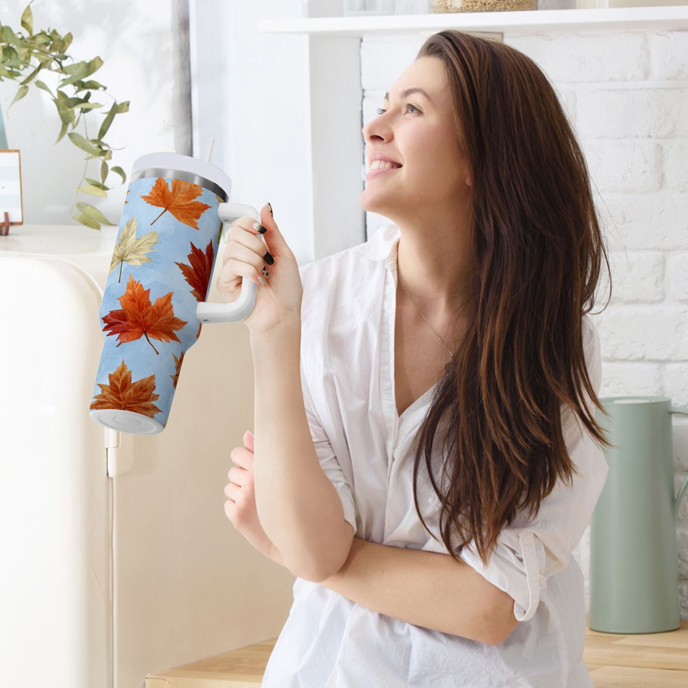 30 oz Insulated Stainless Steel Tumbler Double Wall Stainless Steel Tumbler with 2-Way Drinking Autumn Maple Leaves - T6RN