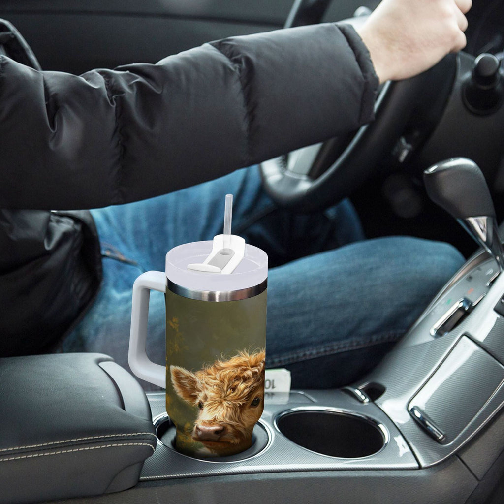 40 oz Insulated Stainless Steel Tumbler Double Wall Stainless Steel Tumbler with 2-Way Drinking Cow Lying in Sunflowers - WSHB