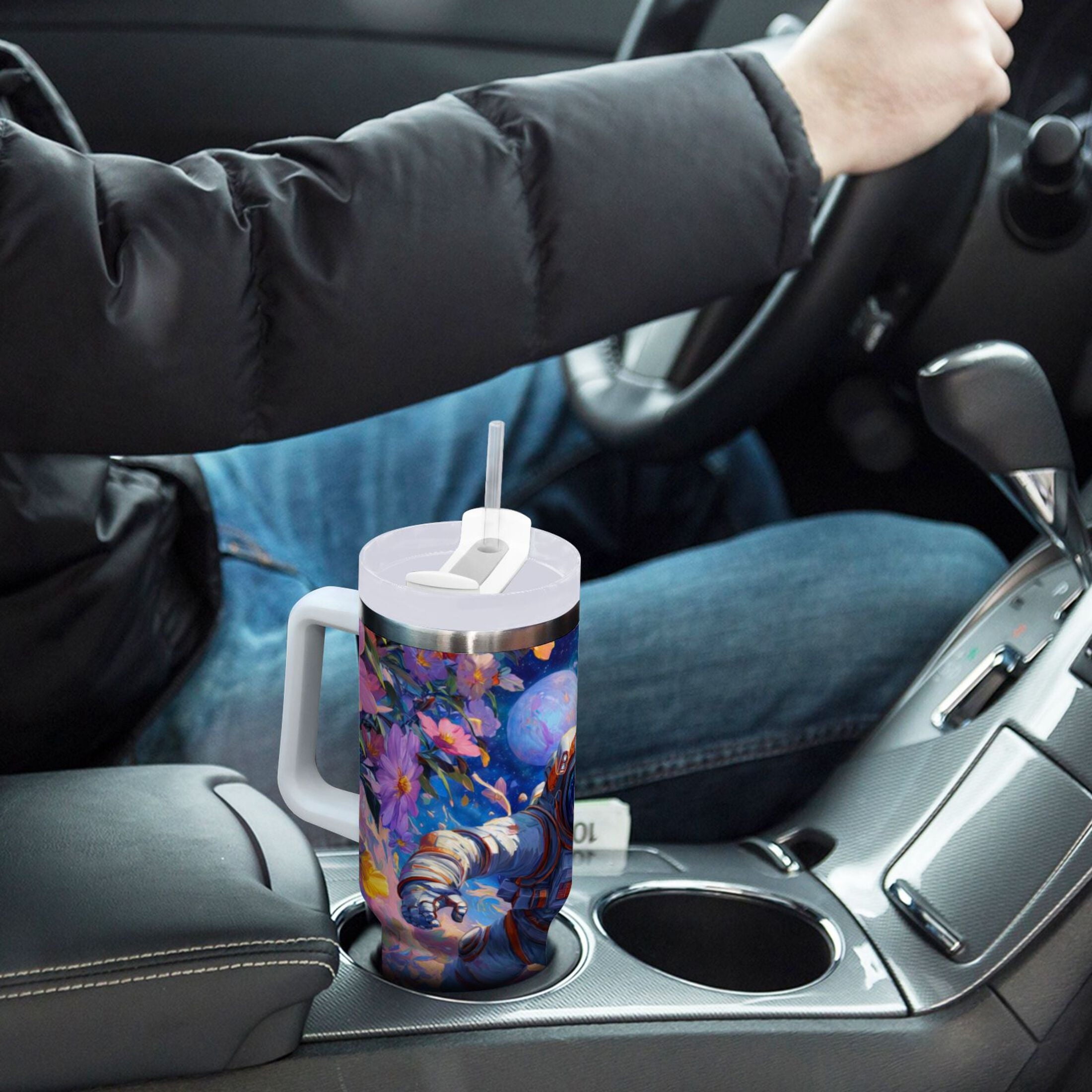 40 oz Insulated Stainless Steel Tumbler Double Wall Stainless Steel Tumbler with 2-Way Drinking Astronaut and Colorful Flowers - QD6W