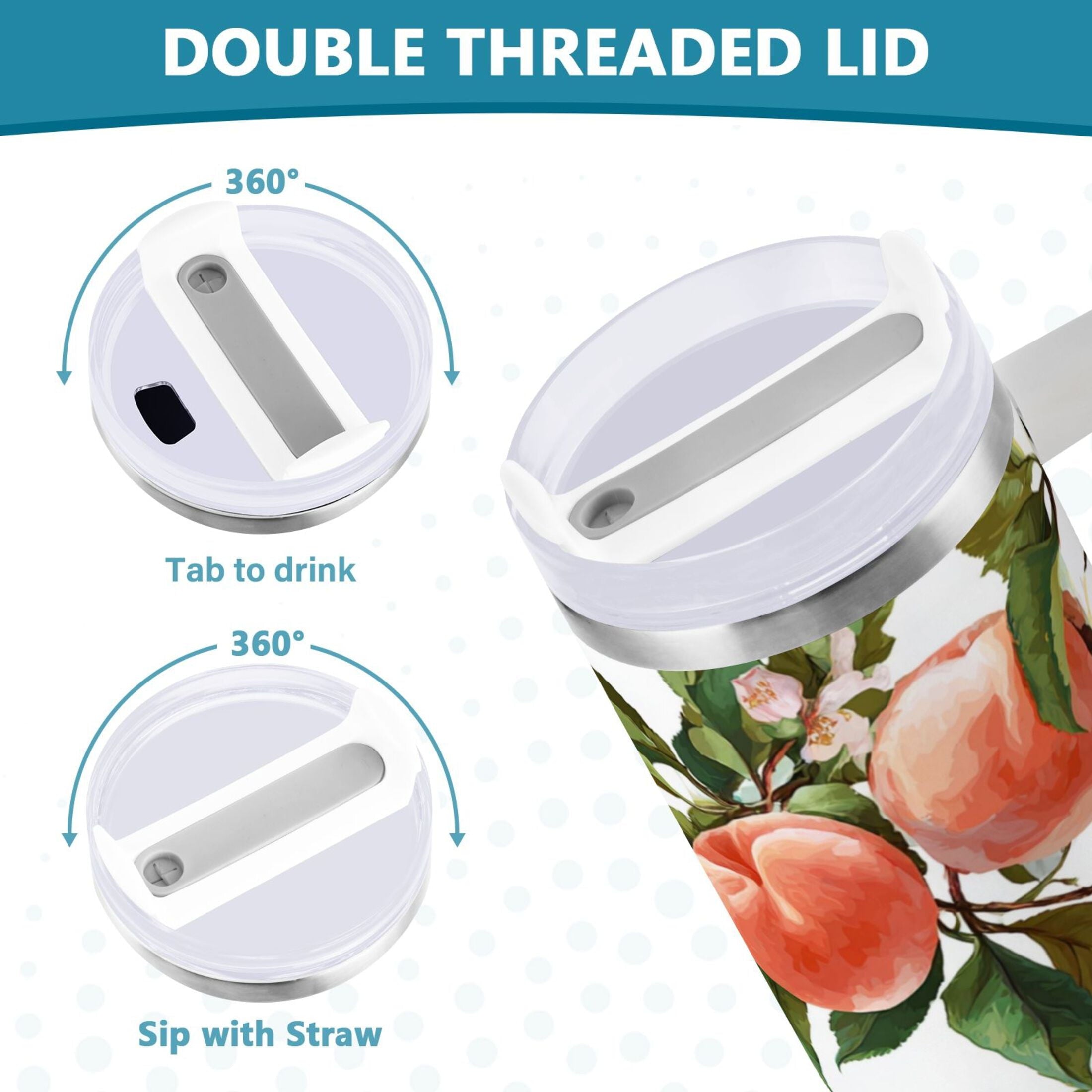 30 oz Insulated Stainless Steel Tumbler Double Wall Stainless Steel Tumbler with 2-Way Drinking Peach Fruit Pattern - YH22