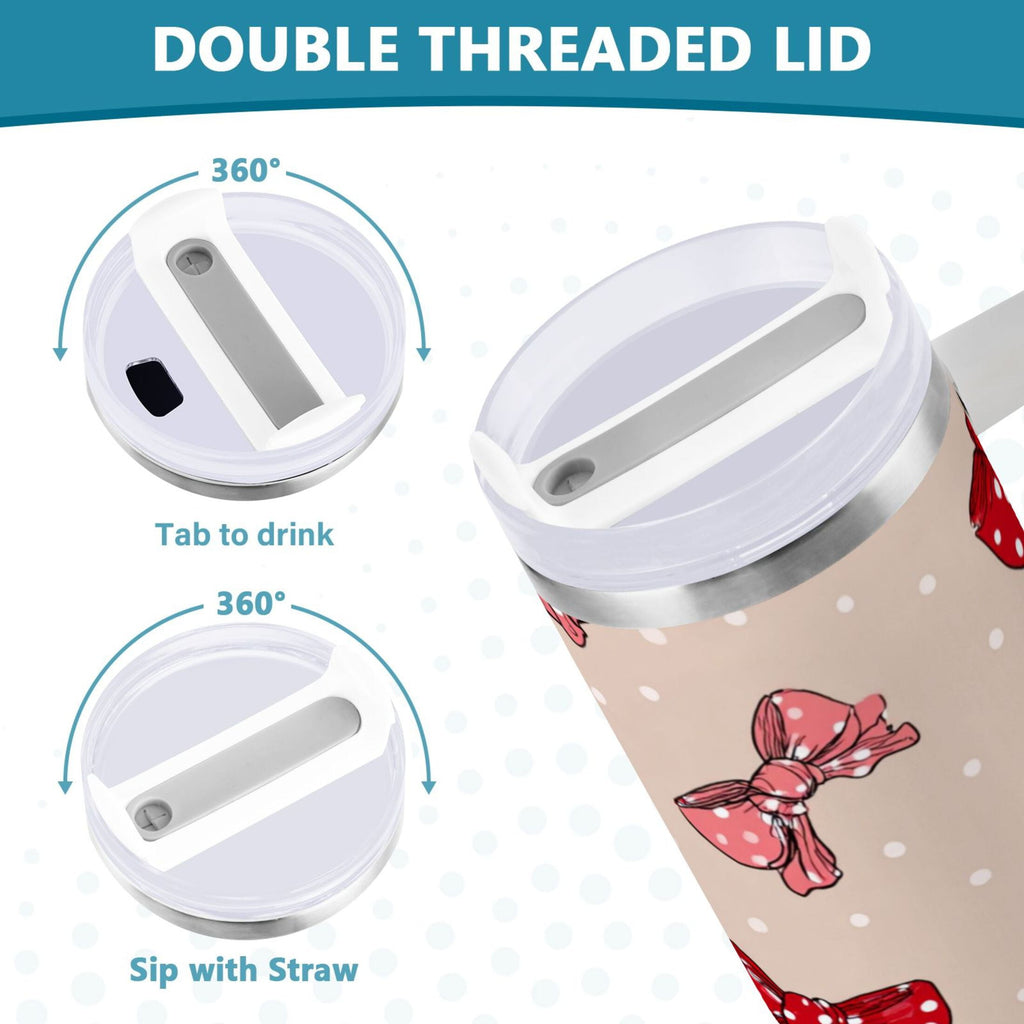 30 oz Insulated Stainless Steel Tumbler Double Wall Stainless Steel Tumbler with 2-Way Drinking Cute Red Bows Pattern - 7WO6