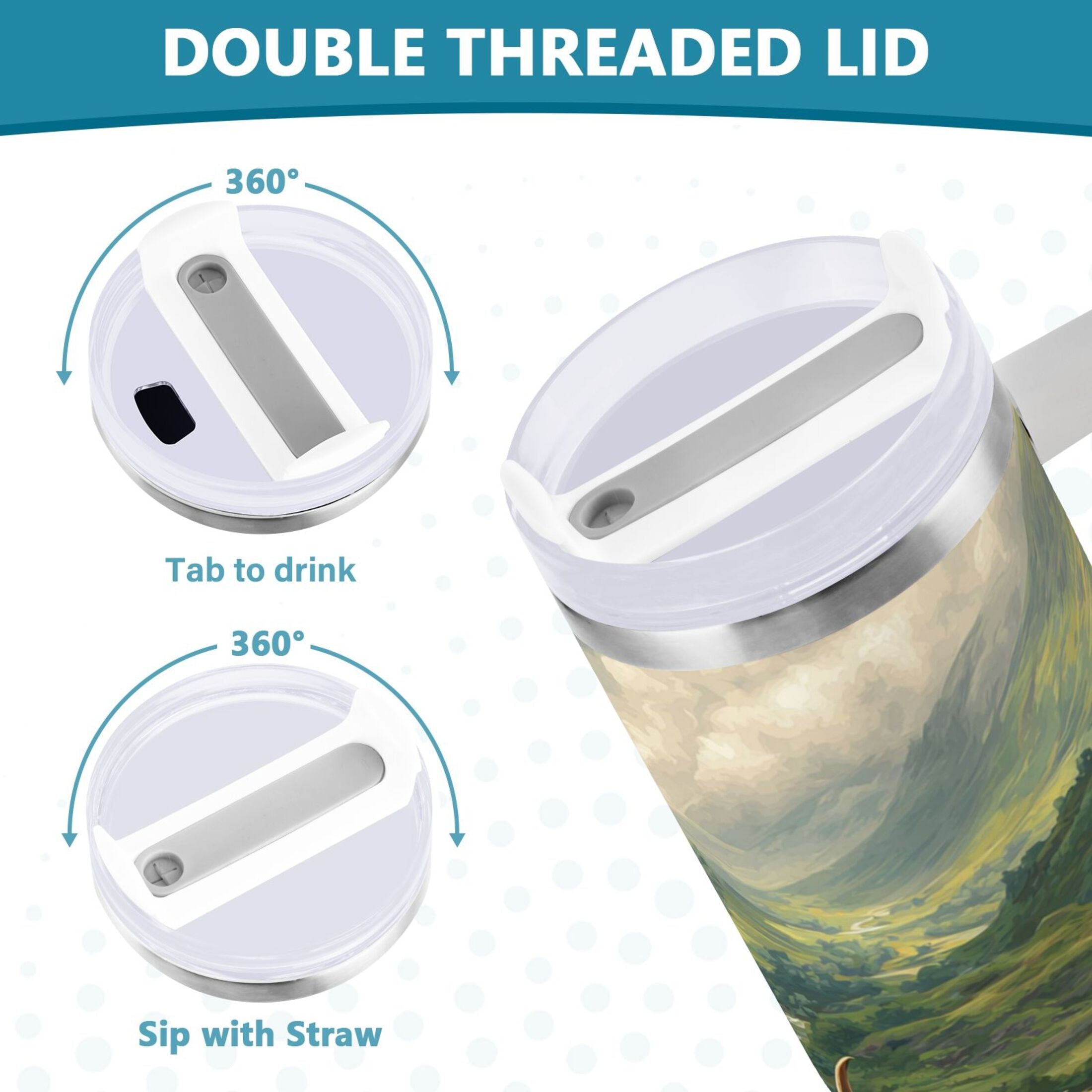 30 oz Insulated Stainless Steel Tumbler Double Wall Stainless Steel Tumbler with 2-Way Drinking Cow in Green Rolling Hills - W34T
