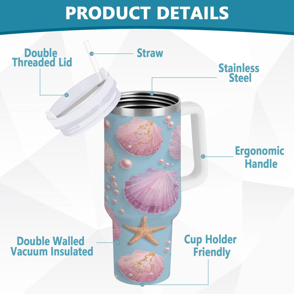 40 oz Insulated Stainless Steel Tumbler Double Wall Stainless Steel Tumbler with 2-Way Drinking Seashells and Pearls Pattern - S9V9