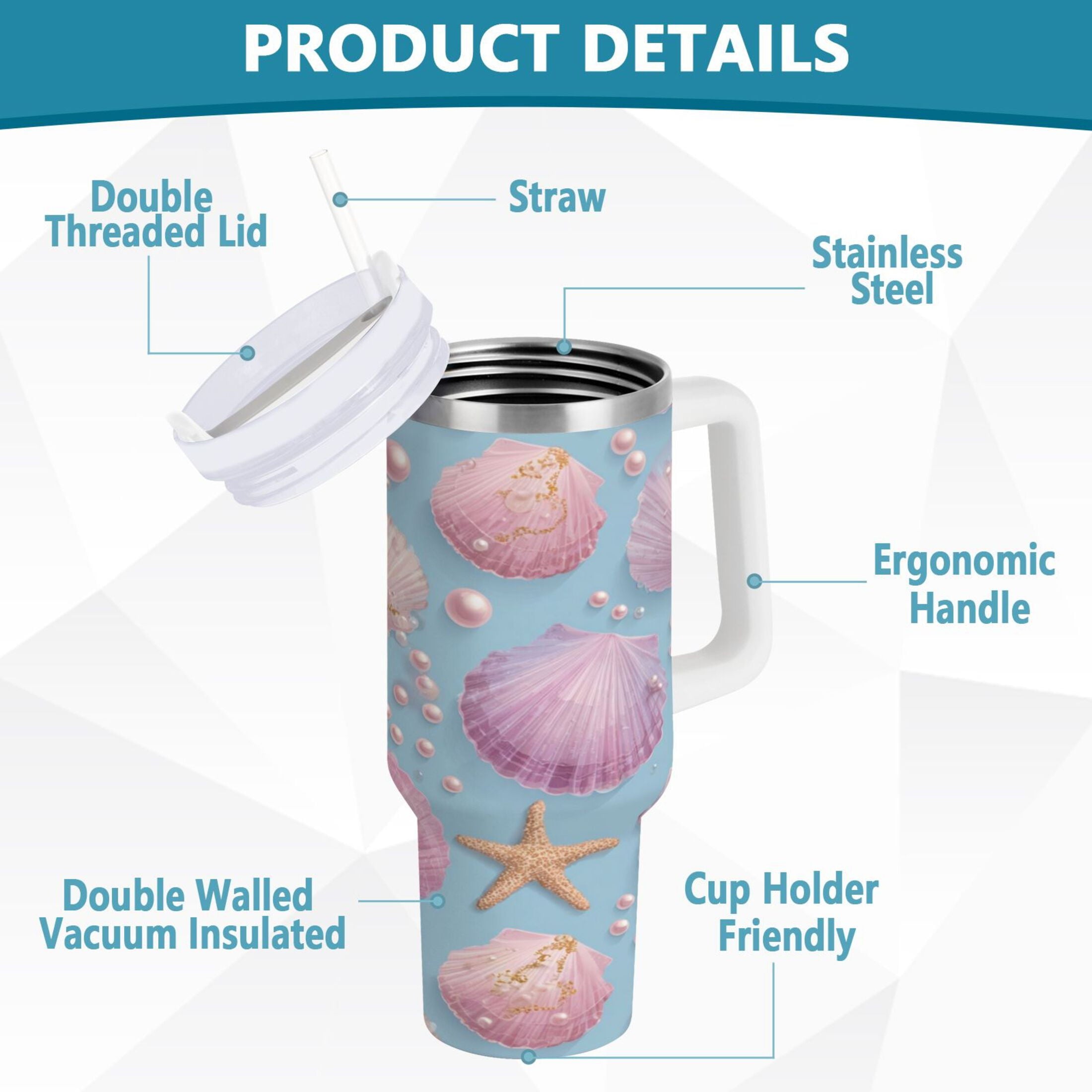 40 oz Insulated Stainless Steel Tumbler Double Wall Stainless Steel Tumbler with 2-Way Drinking Seashells and Pearls Pattern - S9V9