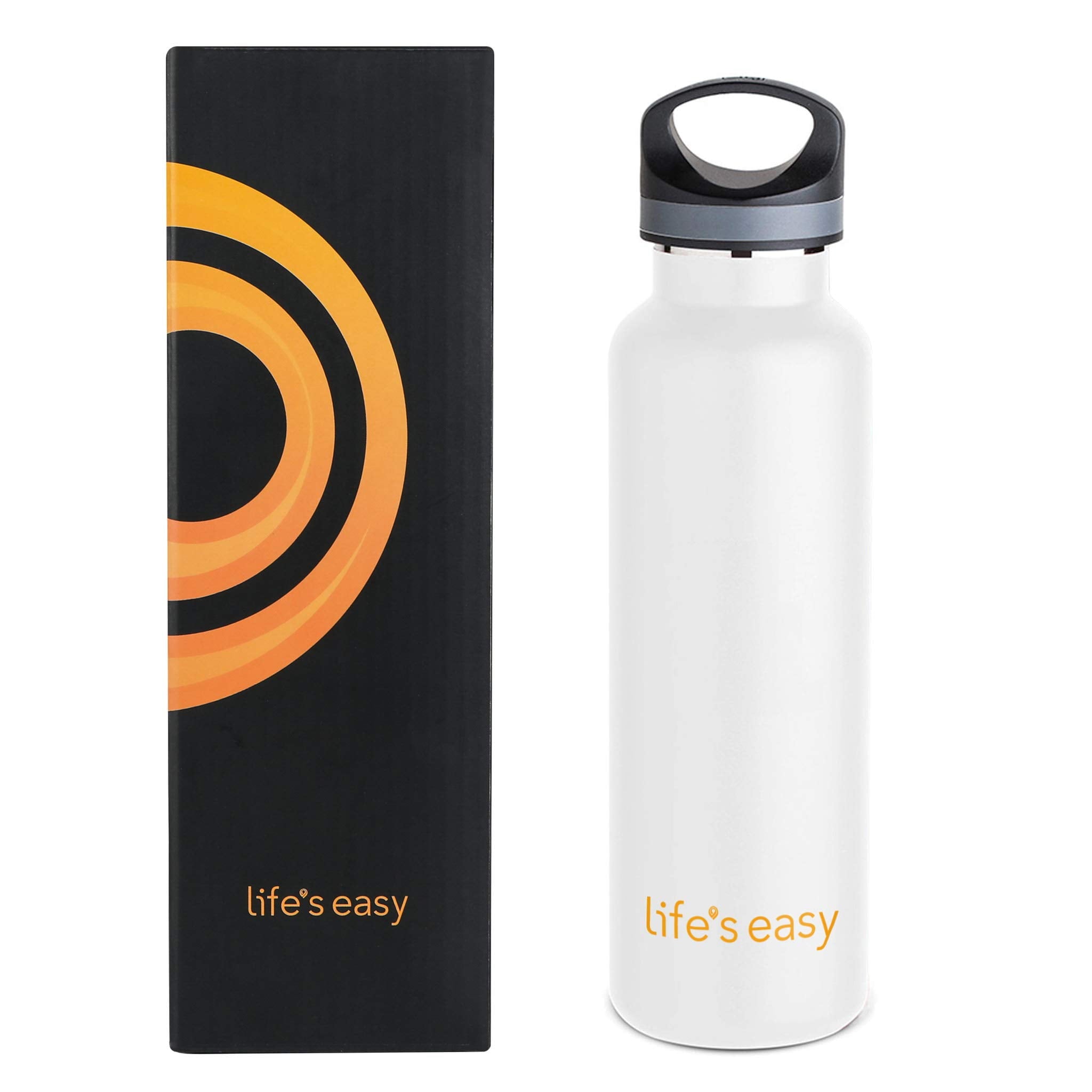LIFE'S EASY 20 oz. Sports Insulated Water Bottle with Lid. Stainless Steel Vacuum Double Wall Thermo for Modern Hot and Cold Drinks, Simple Metal Hydro Canteen for Travel Men and Women (White) - E4W5