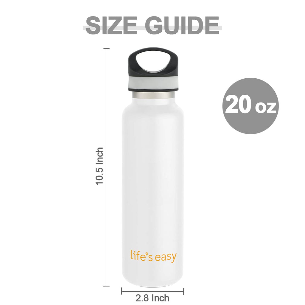 LIFE'S EASY 20 oz. Sports Insulated Water Bottle with Lid. Stainless Steel Vacuum Double Wall Thermo for Modern Hot and Cold Drinks, Simple Metal Hydro Canteen for Travel Men and Women (White) - E4W5