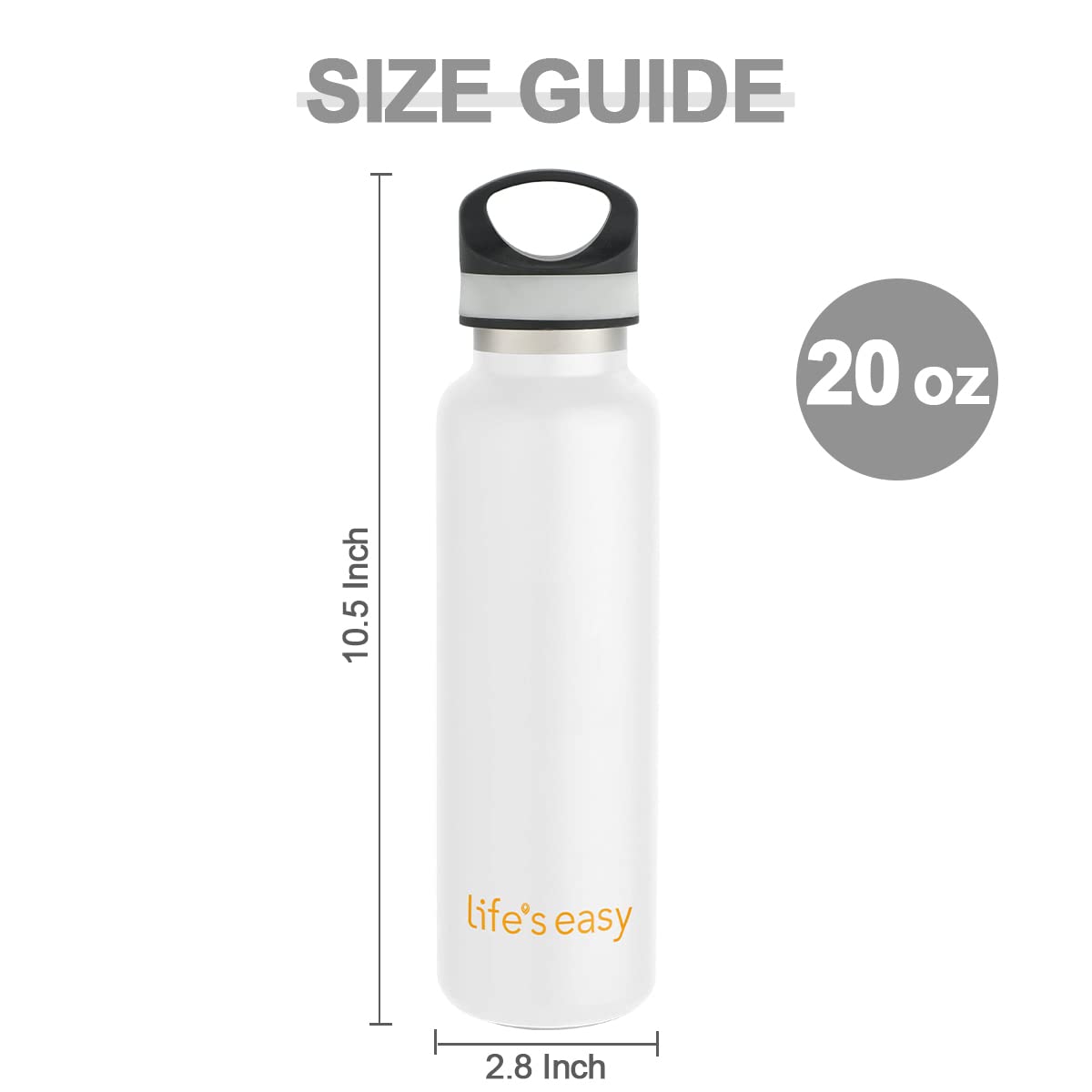 LIFE'S EASY 20 oz. Sports Insulated Water Bottle with Lid. Stainless Steel Vacuum Double Wall Thermo for Modern Hot and Cold Drinks, Simple Metal Hydro Canteen for Travel Men and Women (White) - E4W5