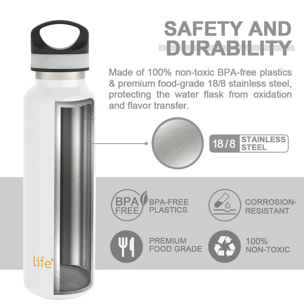 LIFE'S EASY 20 oz. Sports Insulated Water Bottle with Lid. Stainless Steel Vacuum Double Wall Thermo for Modern Hot and Cold Drinks, Simple Metal Hydro Canteen for Travel Men and Women (White) - E4W5