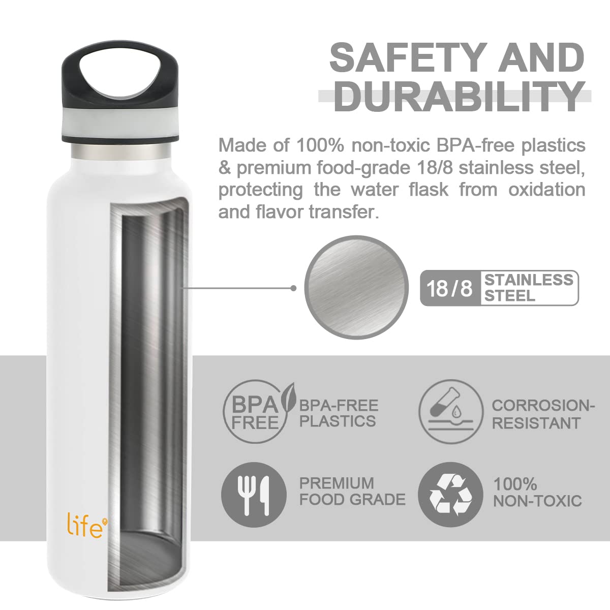 LIFE'S EASY 20 oz. Sports Insulated Water Bottle with Lid. Stainless Steel Vacuum Double Wall Thermo for Modern Hot and Cold Drinks, Simple Metal Hydro Canteen for Travel Men and Women (White) - E4W5