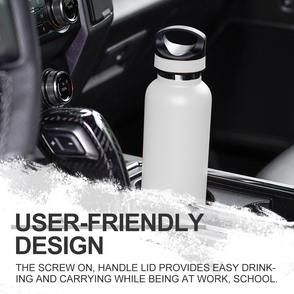 LIFE'S EASY 20 oz. Sports Insulated Water Bottle with Lid. Stainless Steel Vacuum Double Wall Thermo for Modern Hot and Cold Drinks, Simple Metal Hydro Canteen for Travel Men and Women (White) - E4W5