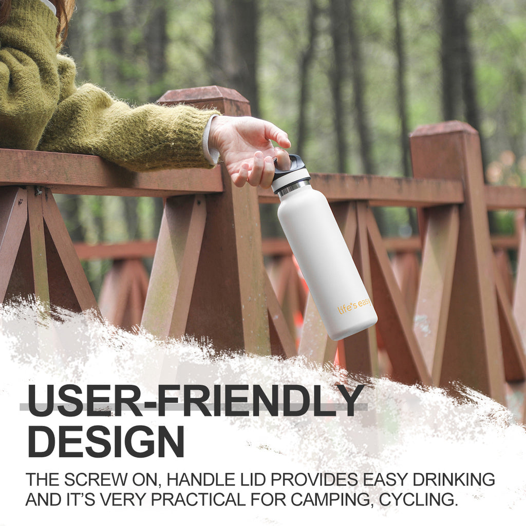 LIFE'S EASY 20 oz. Sports Insulated Water Bottle with Lid. Stainless Steel Vacuum Double Wall Thermo for Modern Hot and Cold Drinks, Simple Metal Hydro Canteen for Travel Men and Women (White) - E4W5