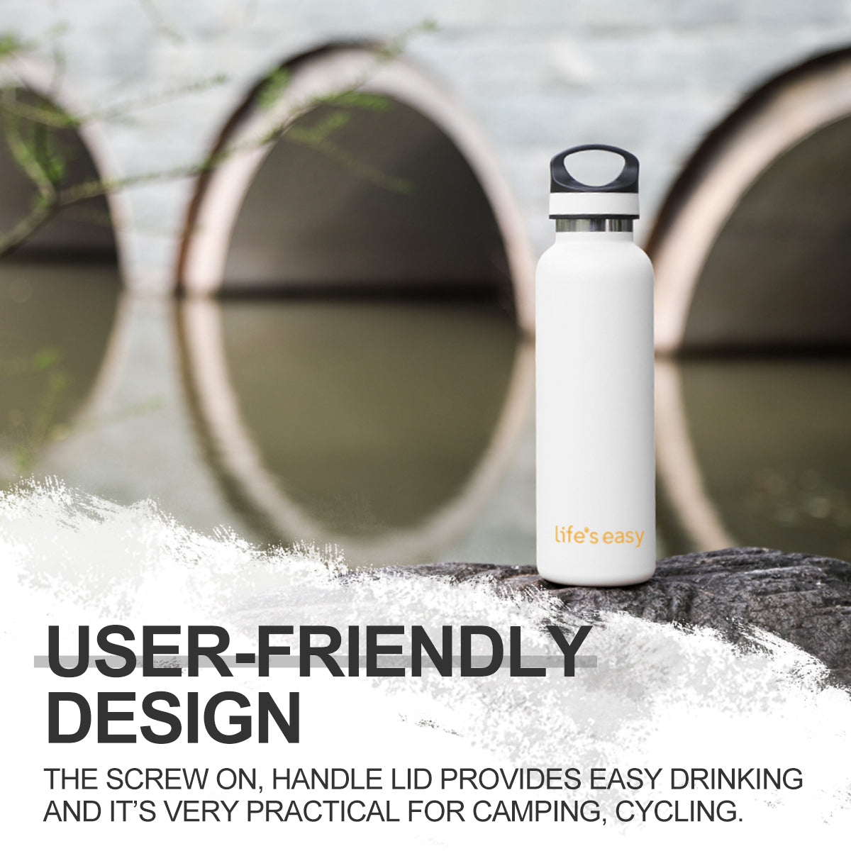 LIFE'S EASY 20 oz. Sports Insulated Water Bottle with Lid. Stainless Steel Vacuum Double Wall Thermo for Modern Hot and Cold Drinks, Simple Metal Hydro Canteen for Travel Men and Women (White) - E4W5