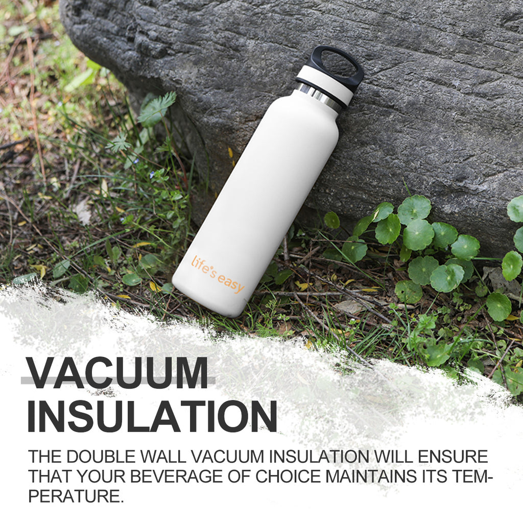 LIFE'S EASY 20 oz. Sports Insulated Water Bottle with Lid. Stainless Steel Vacuum Double Wall Thermo for Modern Hot and Cold Drinks, Simple Metal Hydro Canteen for Travel Men and Women (White) - E4W5