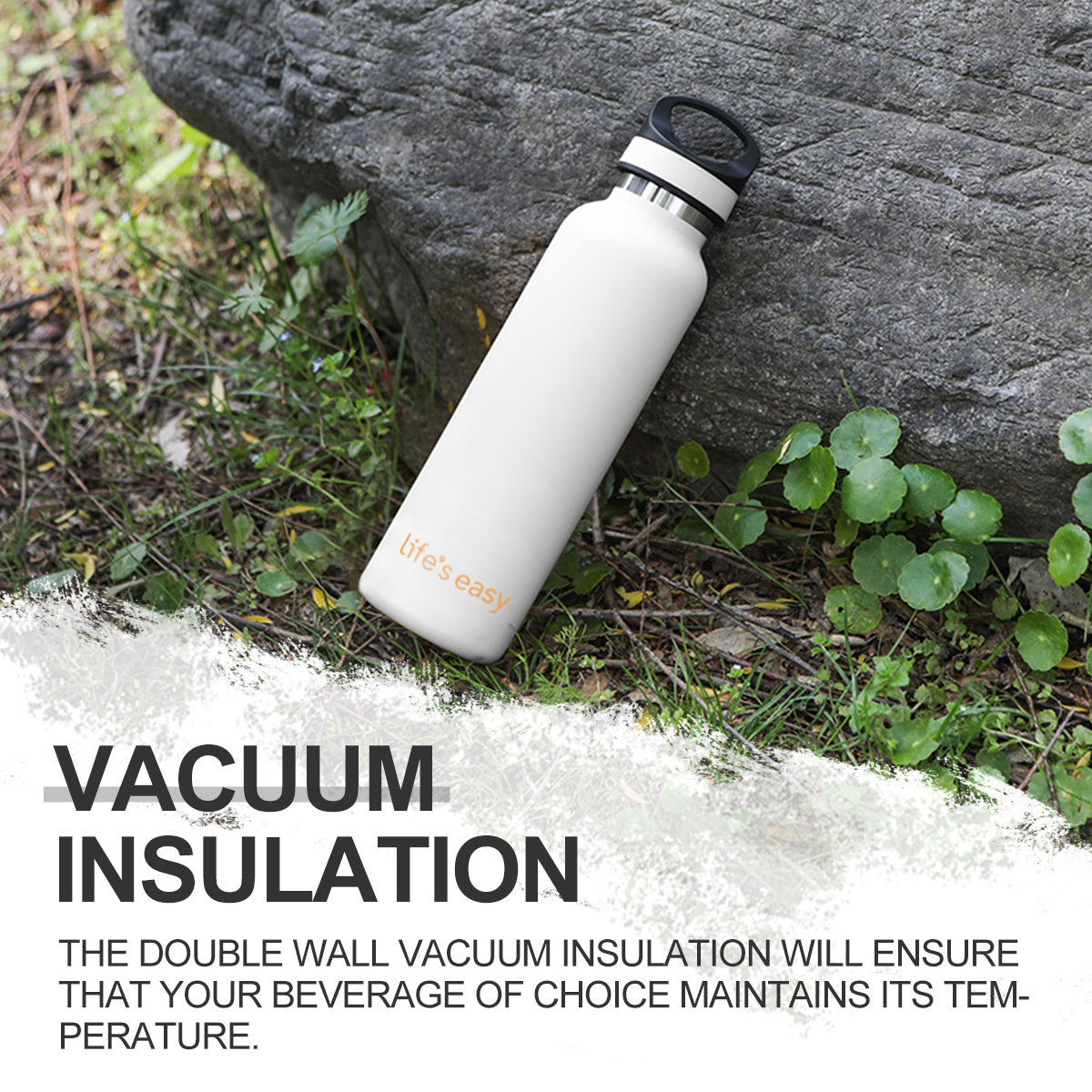 LIFE'S EASY 20 oz. Sports Insulated Water Bottle with Lid. Stainless Steel Vacuum Double Wall Thermo for Modern Hot and Cold Drinks, Simple Metal Hydro Canteen for Travel Men and Women (White) - E4W5