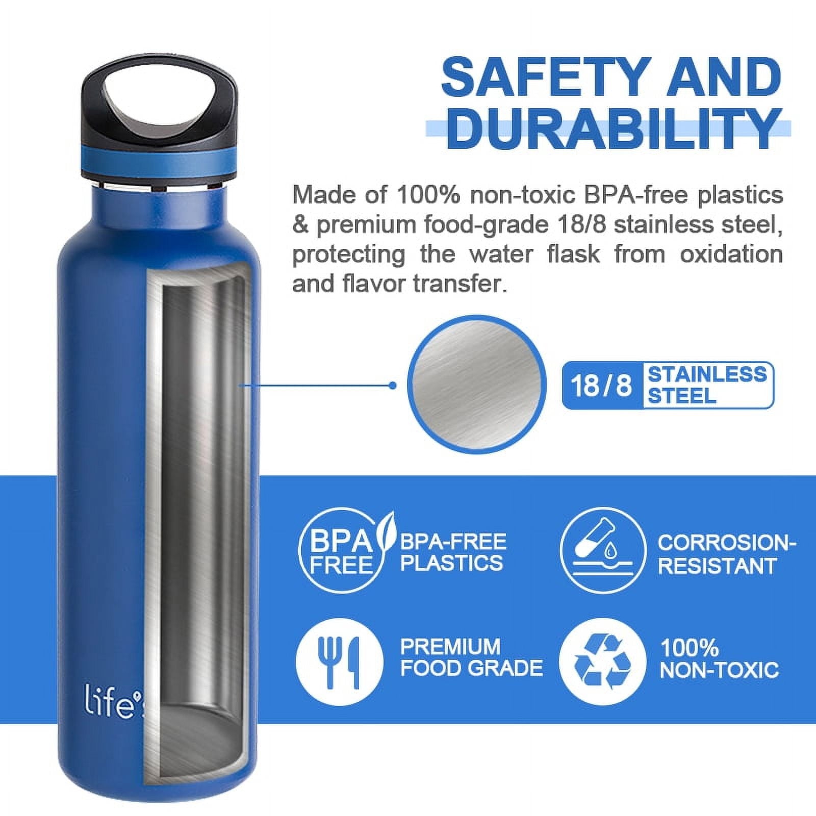LIFE'S EASY 20 oz. Sports Insulated Water Bottle with Lid. Stainless Steel Vacuum Double Wall Thermo for Modern Hot and Cold Drinks, Simple Metal Hydro Canteen for Travel Men and Women (White) - E4W5