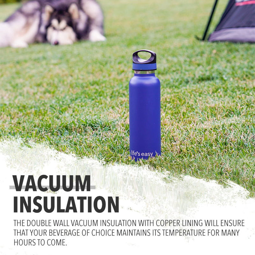 LIFE'S EASY 20 oz. Sports Insulated Water Bottle with Lid. Stainless Steel Vacuum Double Wall Thermo for Modern Hot and Cold Drinks, Simple Metal Hydro Canteen for Travel Men and Women (White) - E4W5