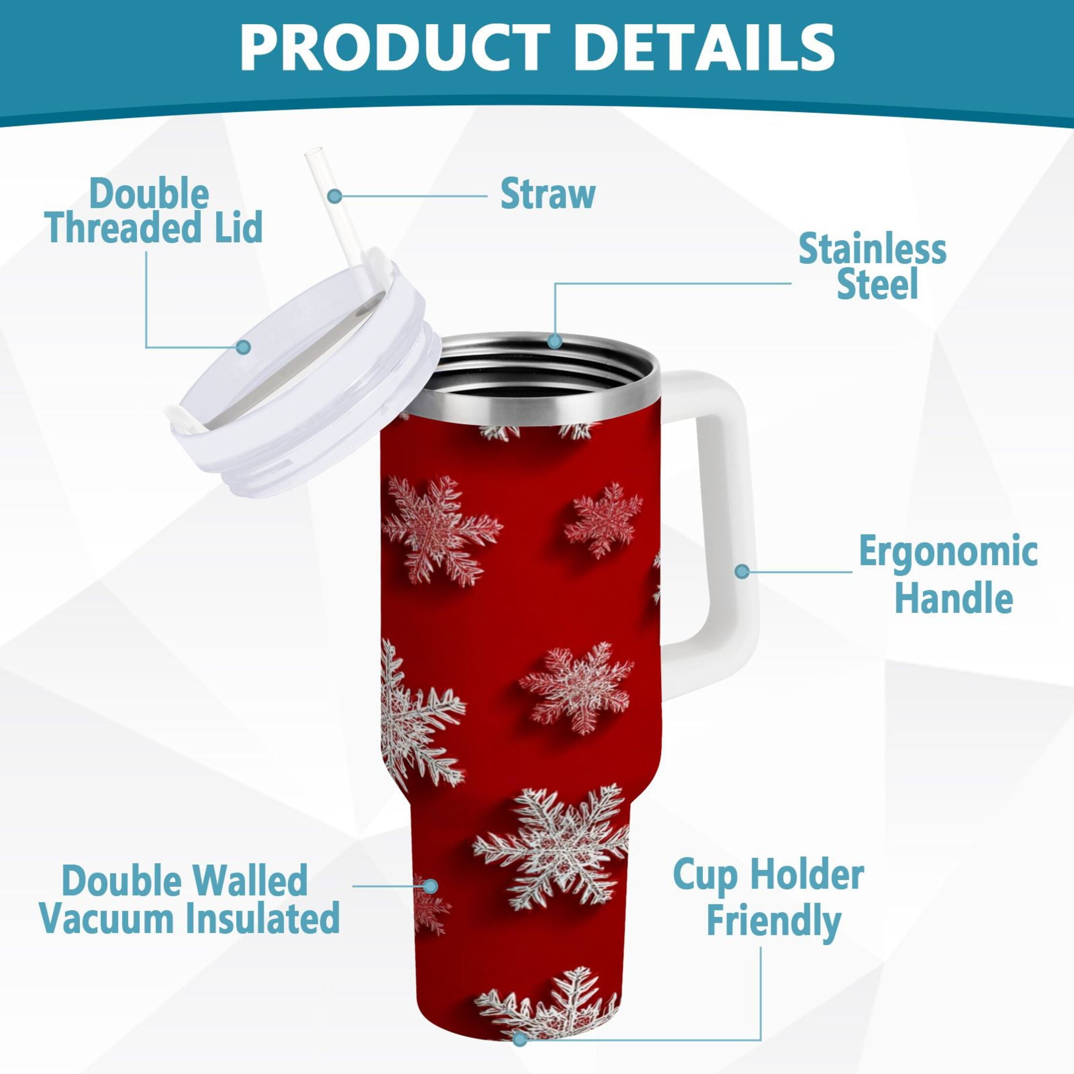 30 oz Insulated Stainless Steel Tumbler Double Wall Stainless Steel Tumbler with 2-Way Drinking Red and White Snowflakes - X70U