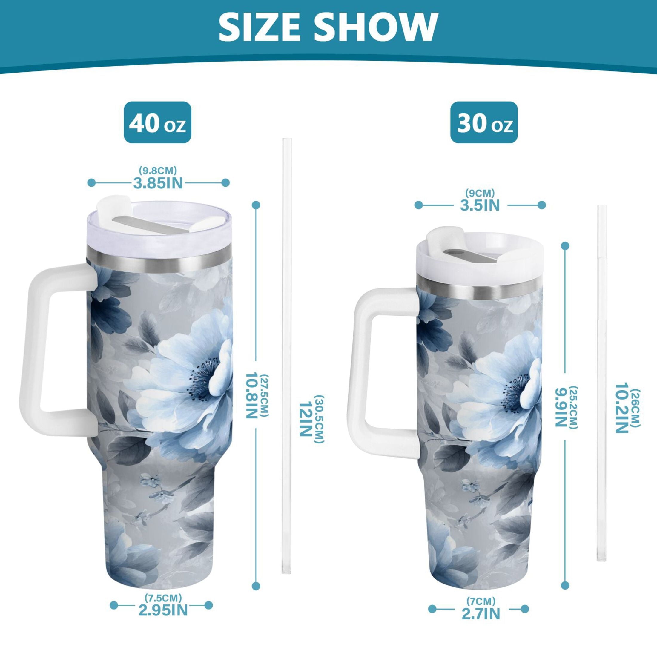 40 oz Insulated Stainless Steel Tumbler Double Wall Stainless Steel Tumbler with 2-Way Drinking White Floral Pattern - EB0T