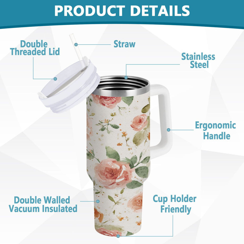40 oz Insulated Stainless Steel Tumbler Double Wall Stainless Steel Tumbler with 2-Way Drinking Watercolor Rose Floral Pattern - 7Y19