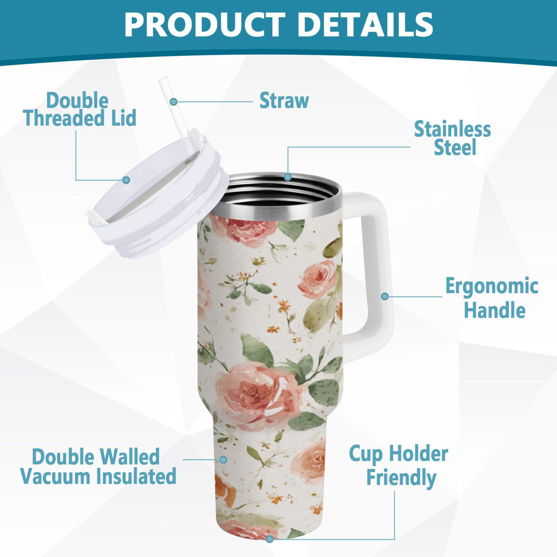 40 oz Insulated Stainless Steel Tumbler Double Wall Stainless Steel Tumbler with 2-Way Drinking Watercolor Rose Floral Pattern - 7Y19