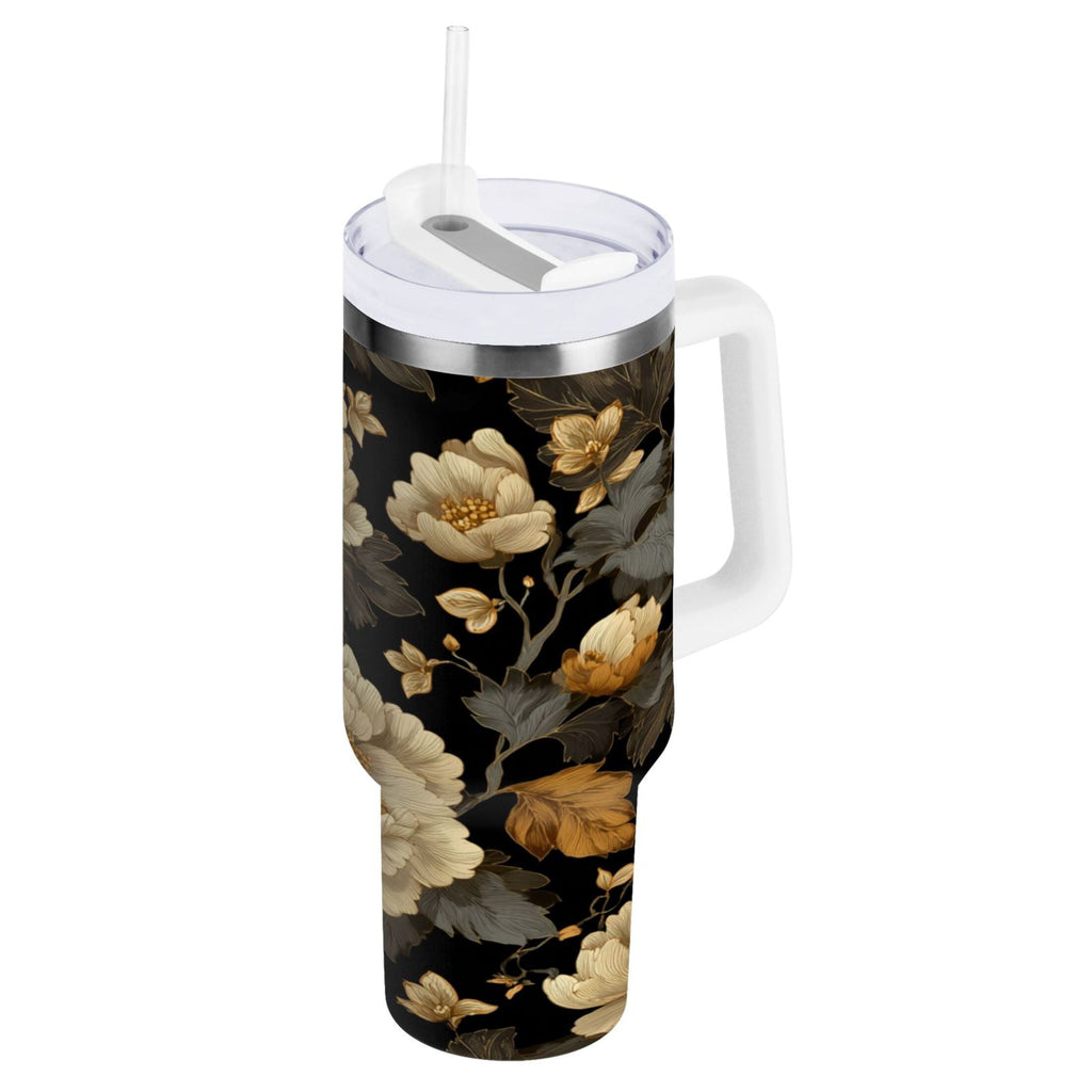 30 oz Insulated Stainless Steel Tumbler Double Wall Stainless Steel Tumbler with 2-Way Drinking Elegant Beige Floral - QMSK