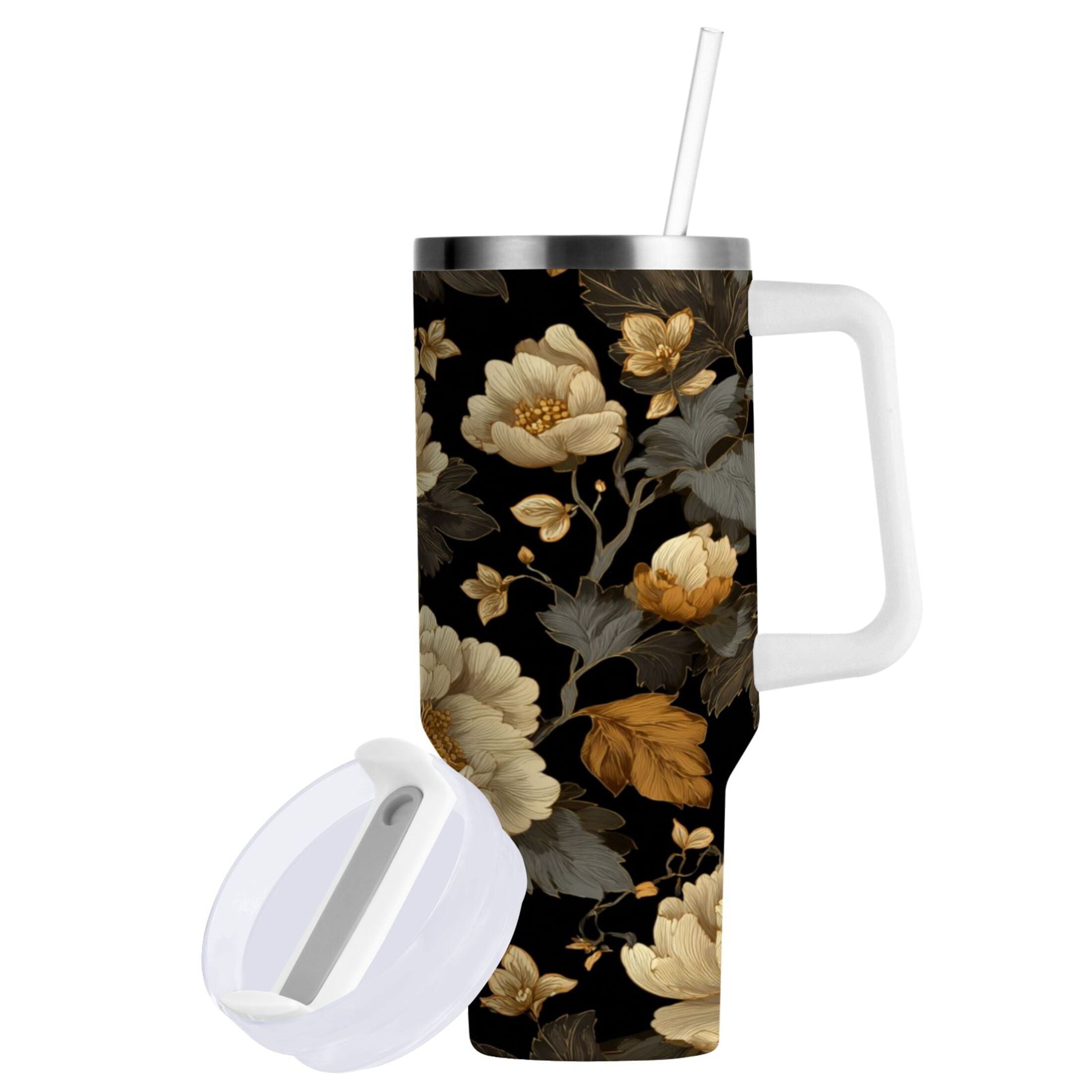 30 oz Insulated Stainless Steel Tumbler Double Wall Stainless Steel Tumbler with 2-Way Drinking Elegant Beige Floral - QMSK