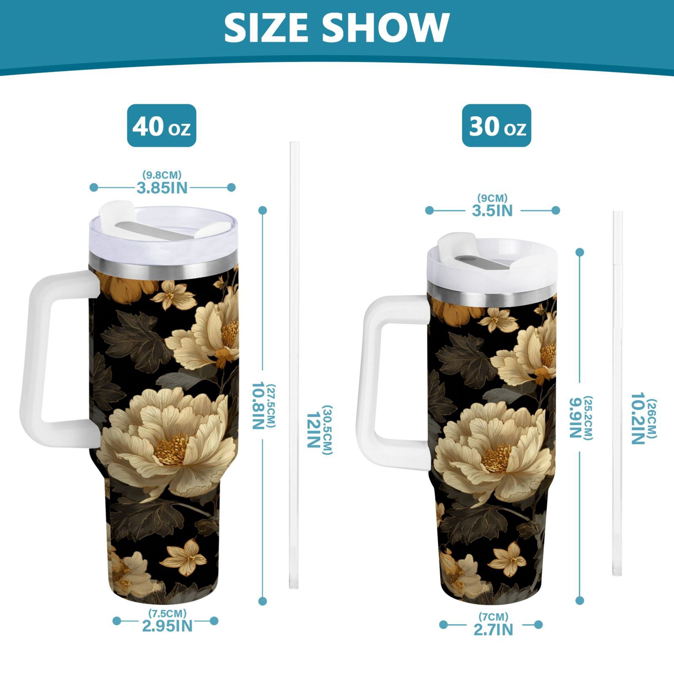 30 oz Insulated Stainless Steel Tumbler Double Wall Stainless Steel Tumbler with 2-Way Drinking Elegant Beige Floral - QMSK