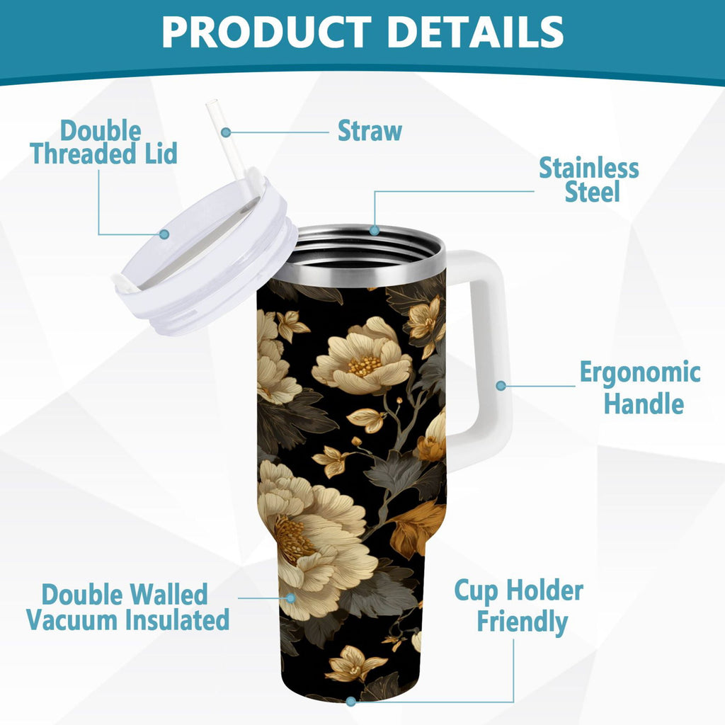 30 oz Insulated Stainless Steel Tumbler Double Wall Stainless Steel Tumbler with 2-Way Drinking Elegant Beige Floral - QMSK